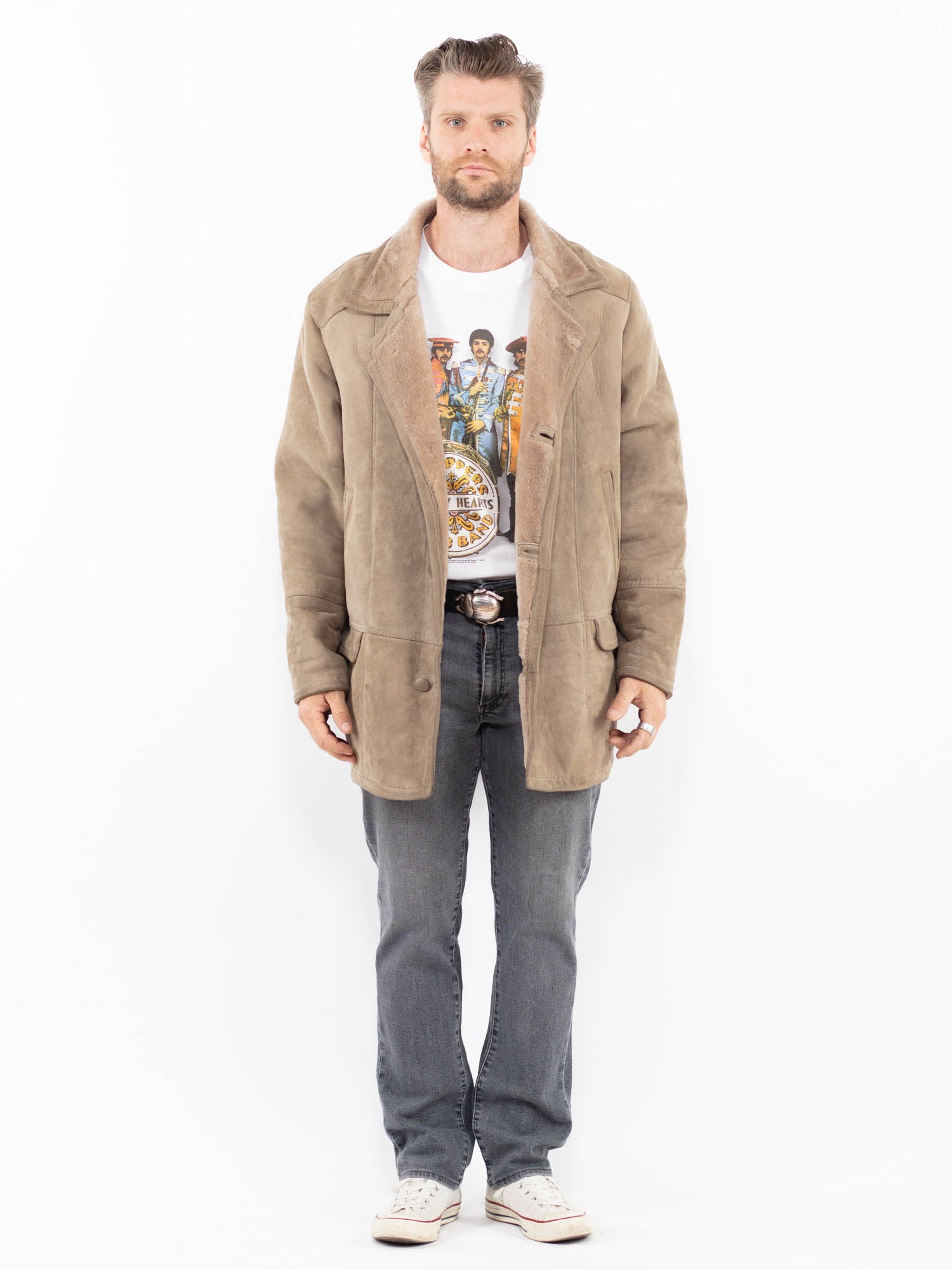 Vintage 80's Men Sheepskin Coat in Beige by Northern Grip