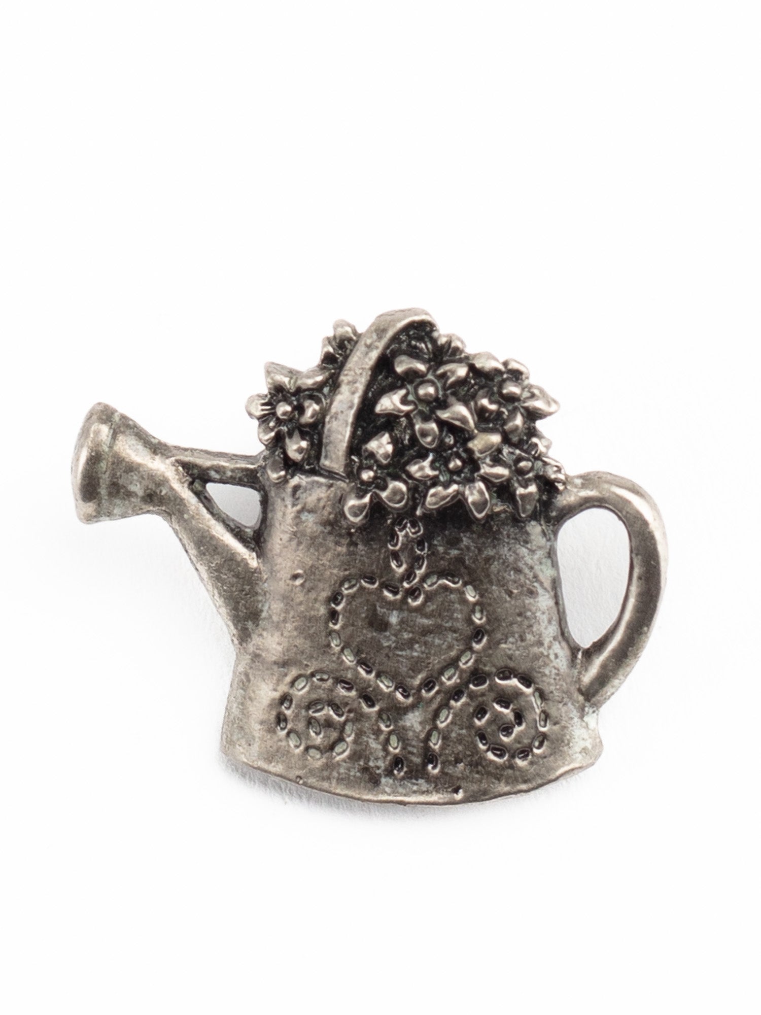 Vintage 90s Pewter Watering Can Brooch with Flowers and Heart Detail by Northern Grip