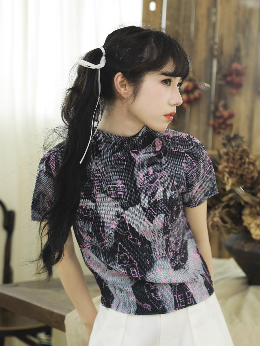 Harajuku T-Shirt Maid Pattern Prints Gothic Girly Pleated Half-Sleeve T-Shirt Meugler by Land Decora