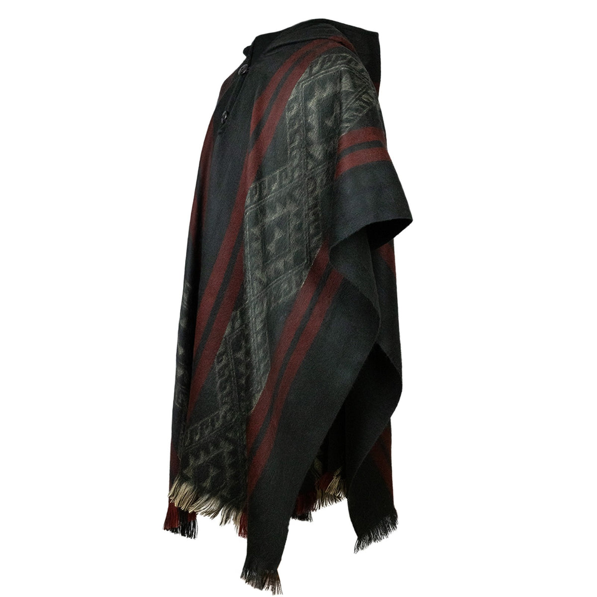 Apangora Hooded Alpaca Blend Poncho – Black & Burgundy by ECUALAMA