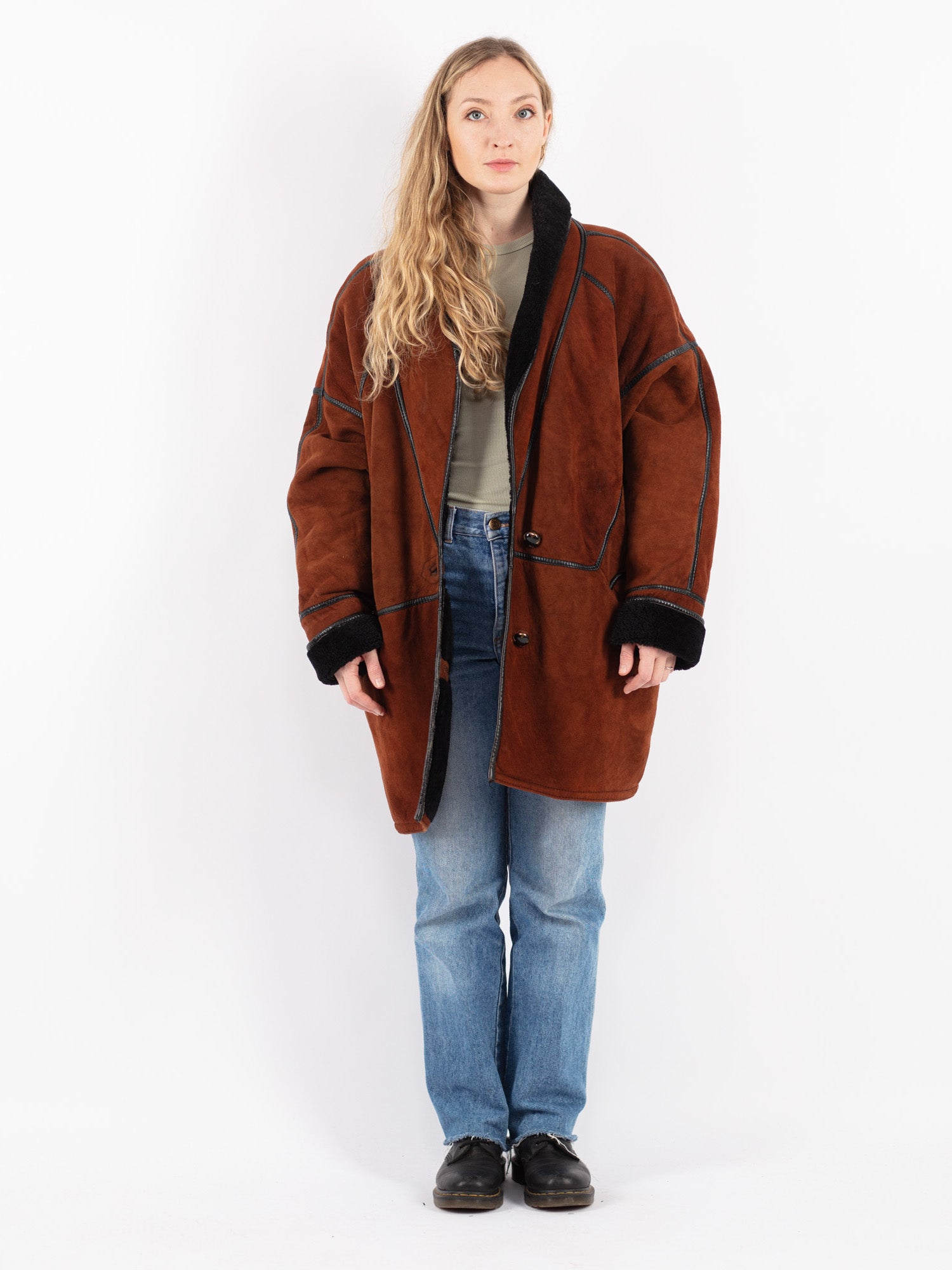 Vintage 80's Women Oversized Sheepskin Coat in Brown by Northern Grip