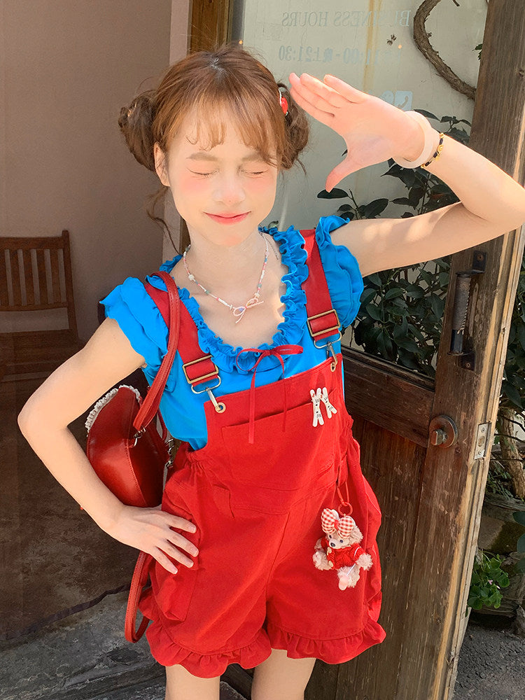 Harajuku Color Block Suspender Shorts Set | Kawaii Ruffle Cute Streetwear Outfit by Land Decora