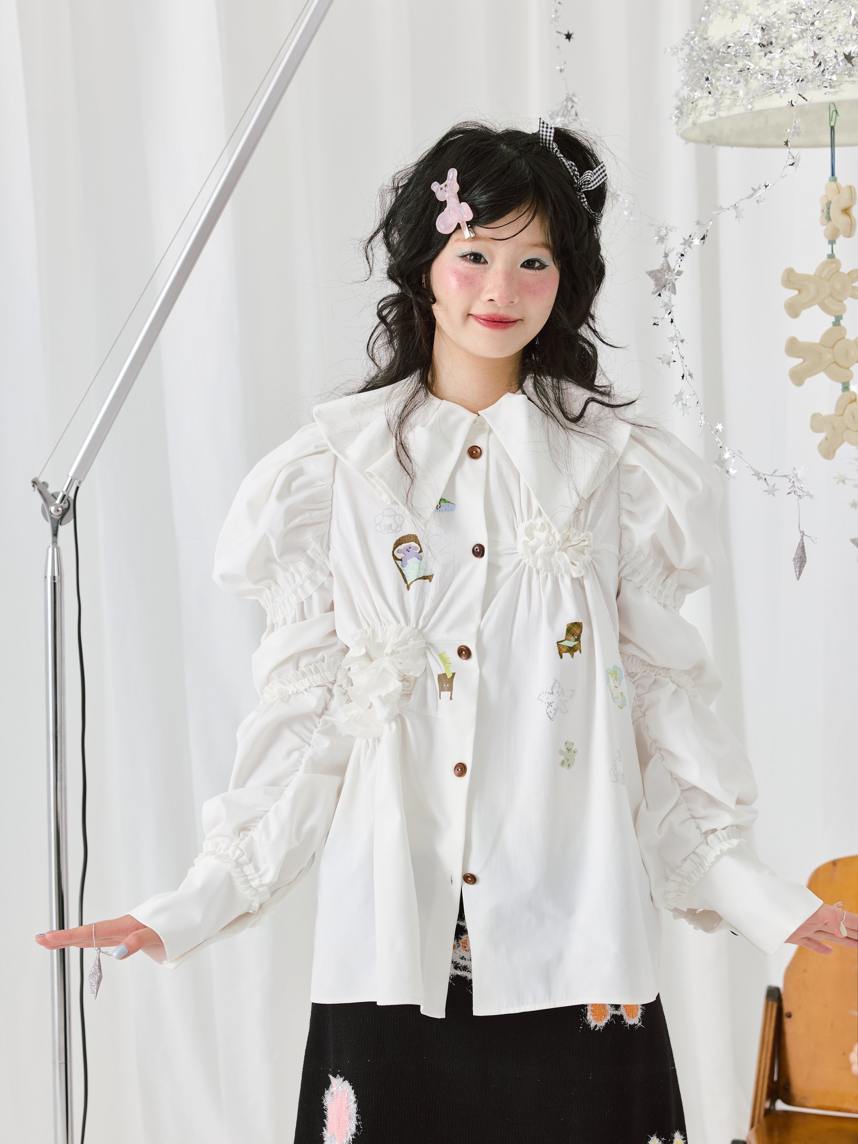 Harajuku Shirt White Long Shirt Rhinestone Detailing – HELPHELP by Land Decora