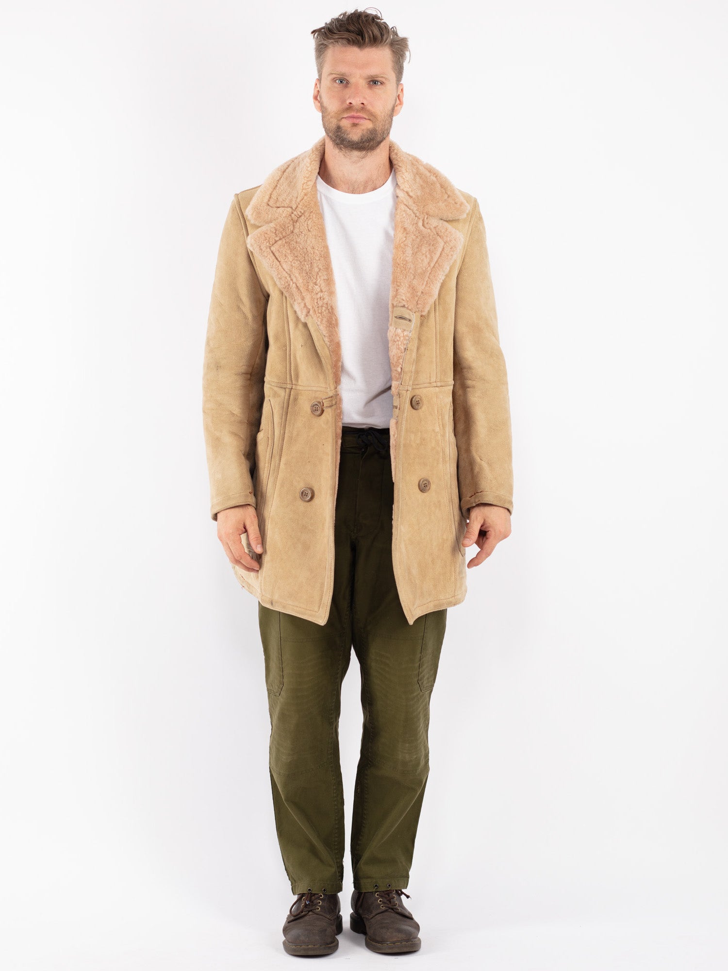Vintage 70'sMen Sheepskin Coat in Beige by Northern Grip