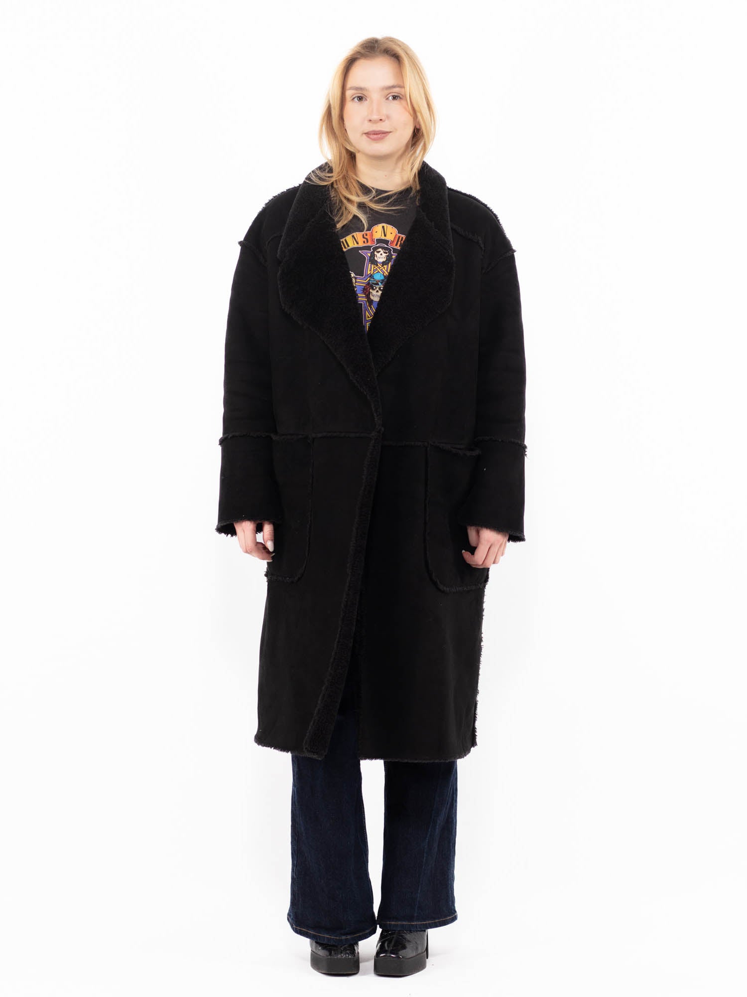 Vintage 00's Women Faux Sheepskin Coat in Black by Northern Grip