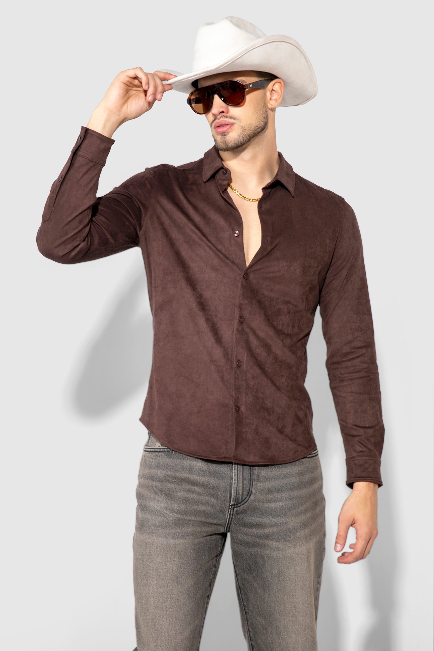 Cooper Butter Suede Espresso Stretch Long Sleeve Shirt by MONFRERE