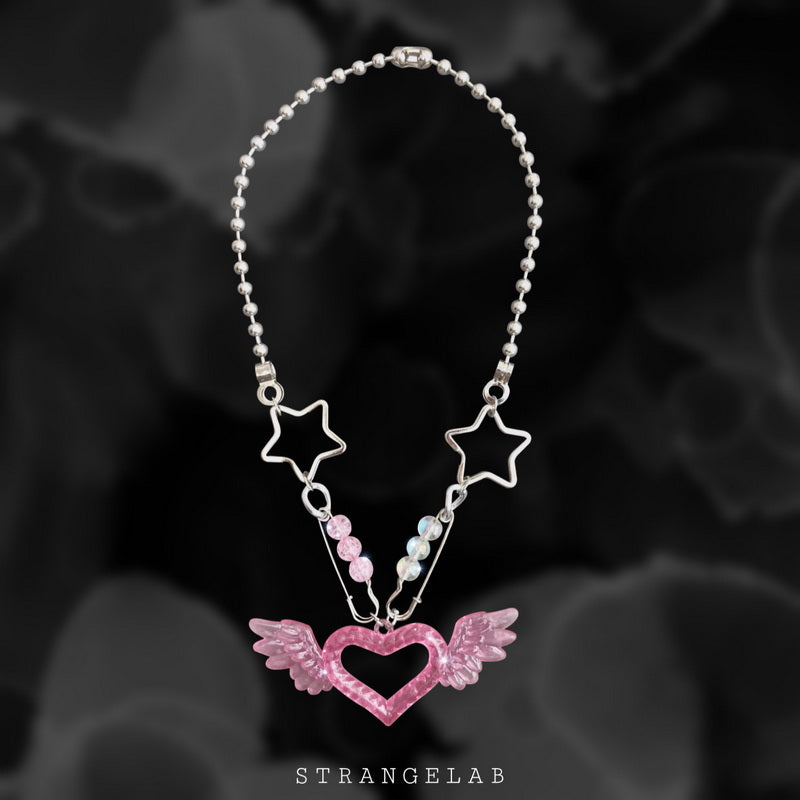 StrangeLab Neon Necklace | Sparkling Pin Necklace | Heart Wings Choker by Land Decora