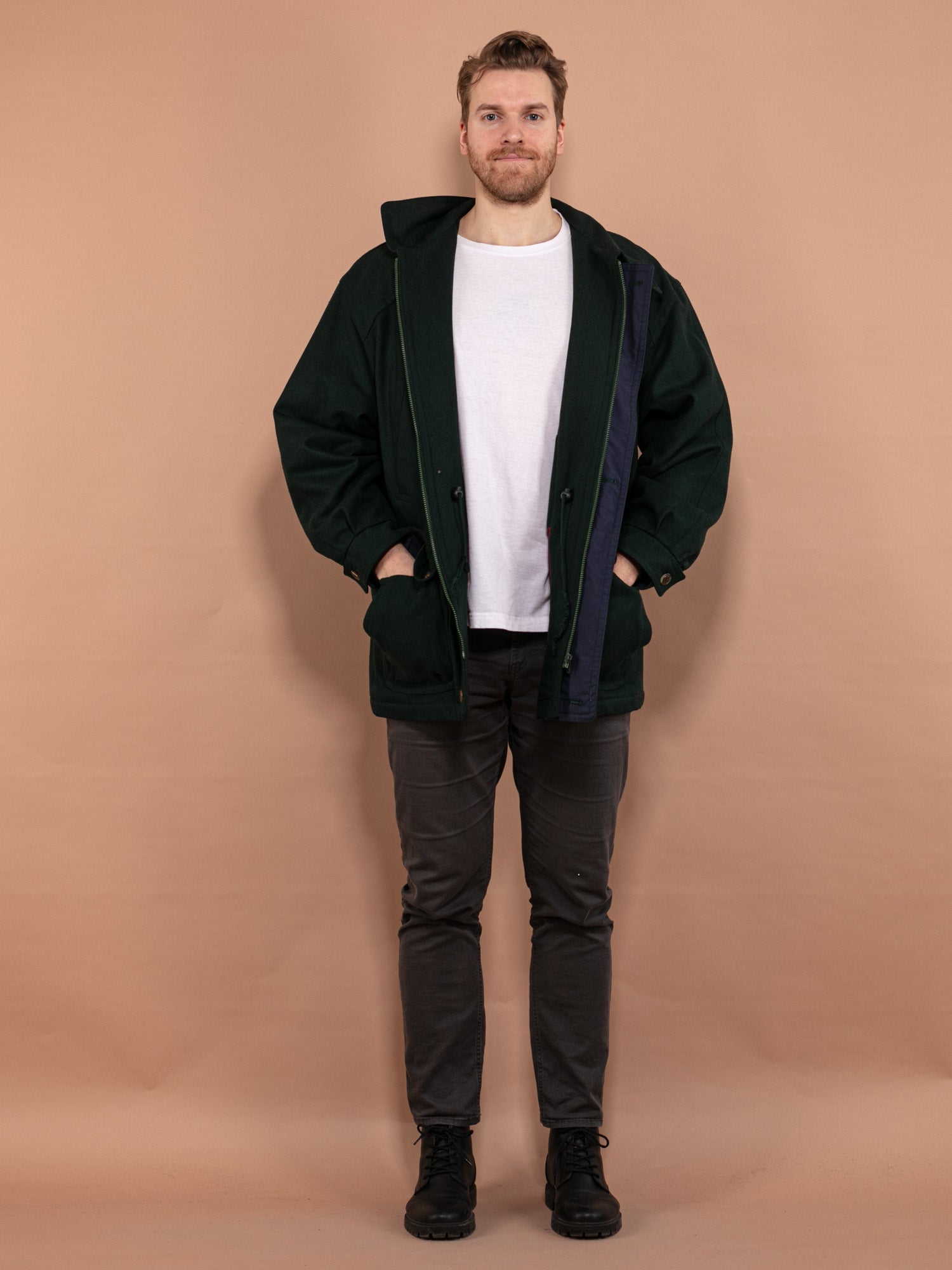 Vintage 90's Men Wool Blend Parka Coat in Green by Northern Grip