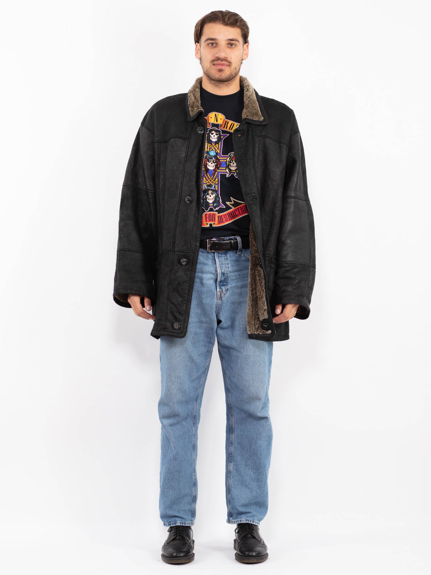 Vintage 90's Men Sheepskin Coat in Black by Northern Grip