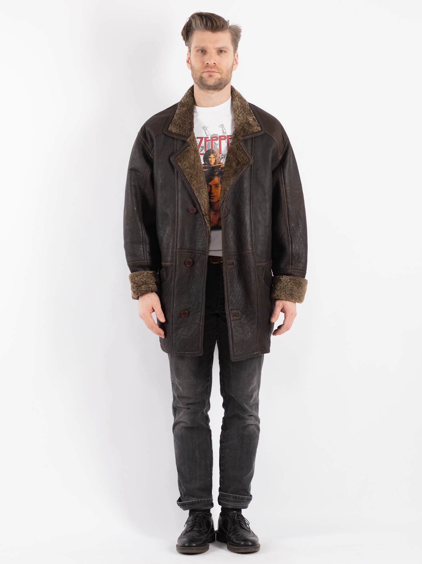 Vintage 80's Men Sheepskin Coat in Brown by Northern Grip