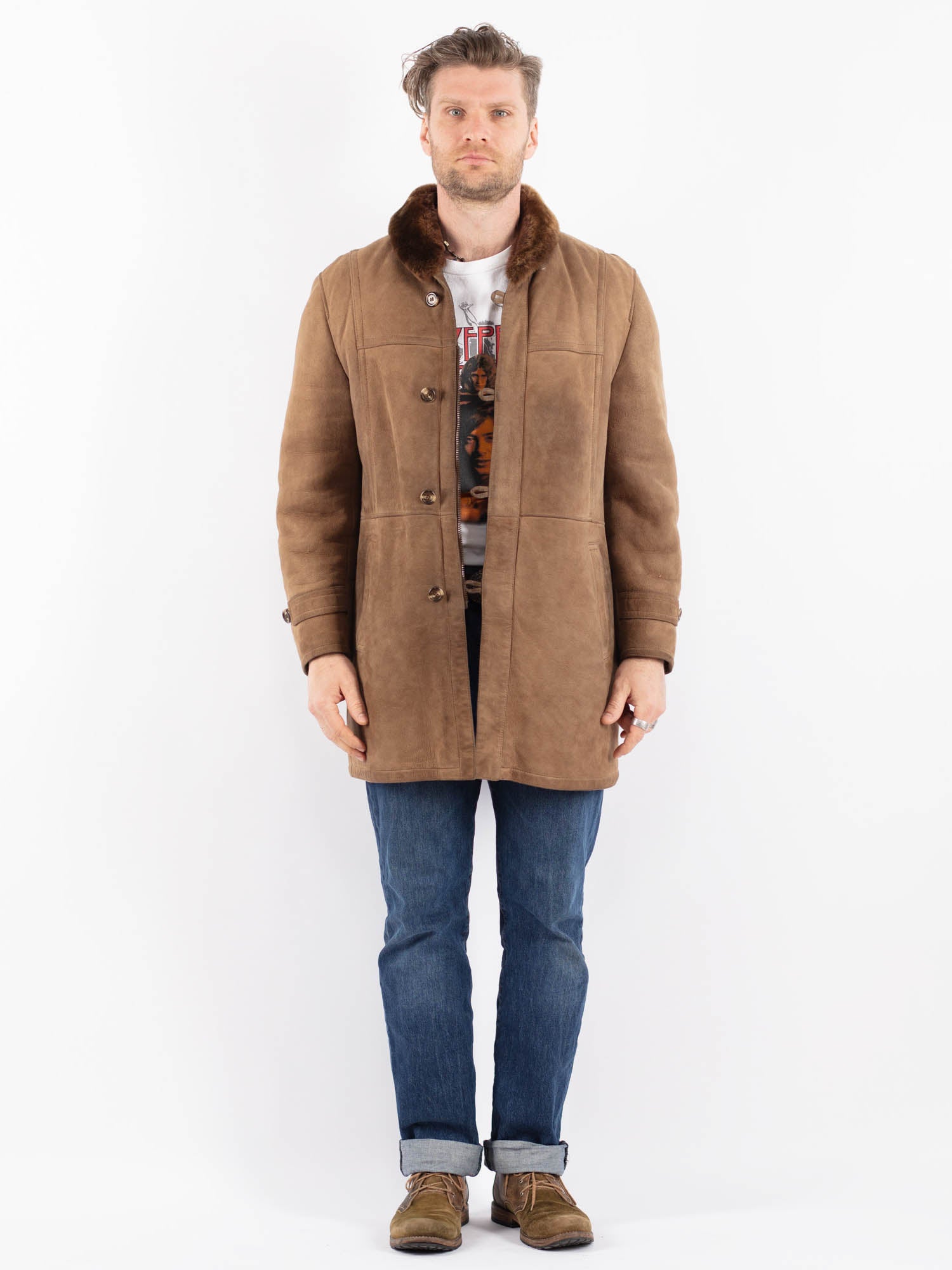 Vintage 70's Men Sheepskin Coat in Brown by Northern Grip