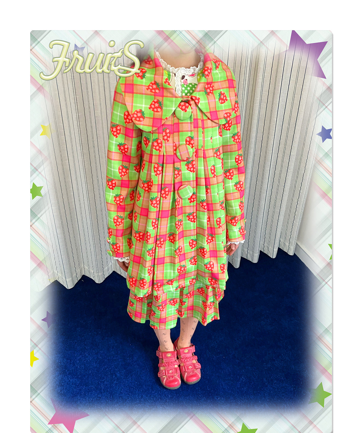 Kawaii Strawberry Plaid Pleated Wool Coat - FRUITS by Land Decora