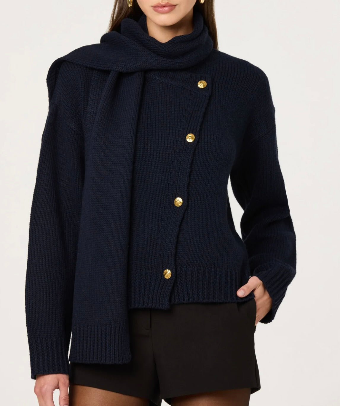 ASTR The Label Jackeline Asymmetrical Scarf Cardigan in Navy by Sierra Deene