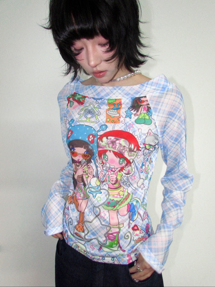 OurHappy Mesh Plaid UV Long Sleeve Tee – Sheer Summer T-Shirt by Land Decora