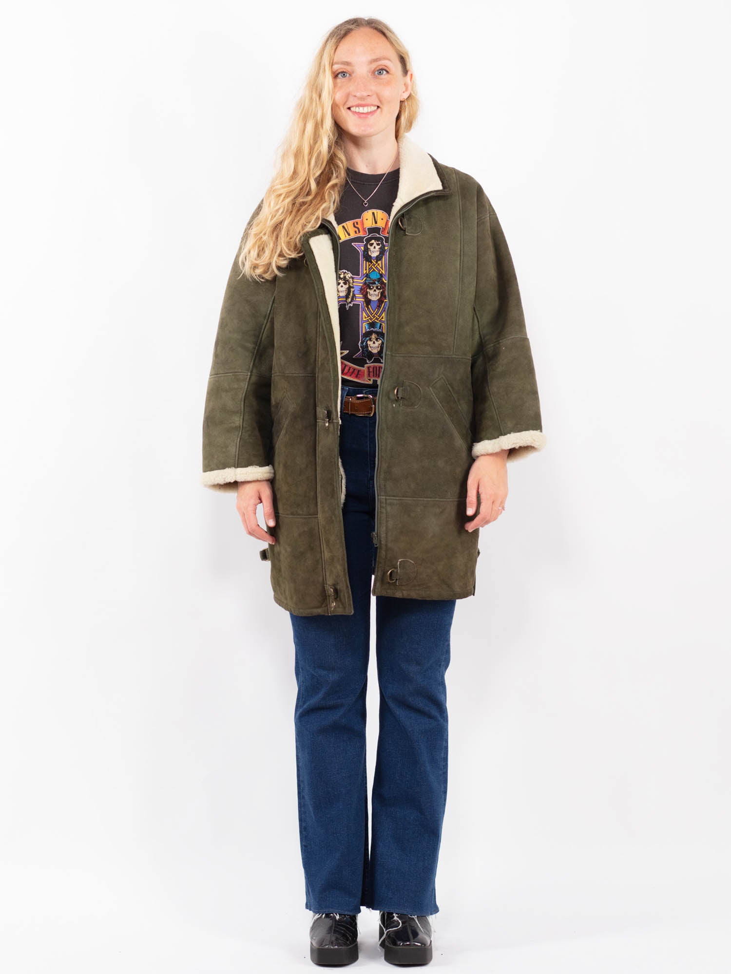 Vintage 80's Women Sheepskin Coat in Green by Northern Grip