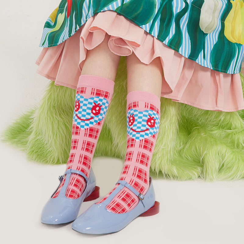 tntntutu Decora Kei Sock | Pink Plaid Heart Smile Socks | Cute Mid-Cal by Land Decora