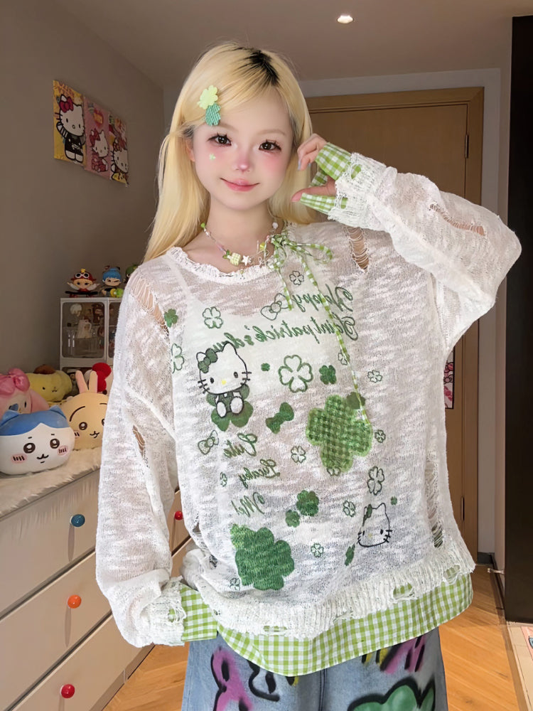 Cute Lin Kawaii Plaid Cartoon Shirt | Loose Fit Long Sleeve Overshirt by Land Decora