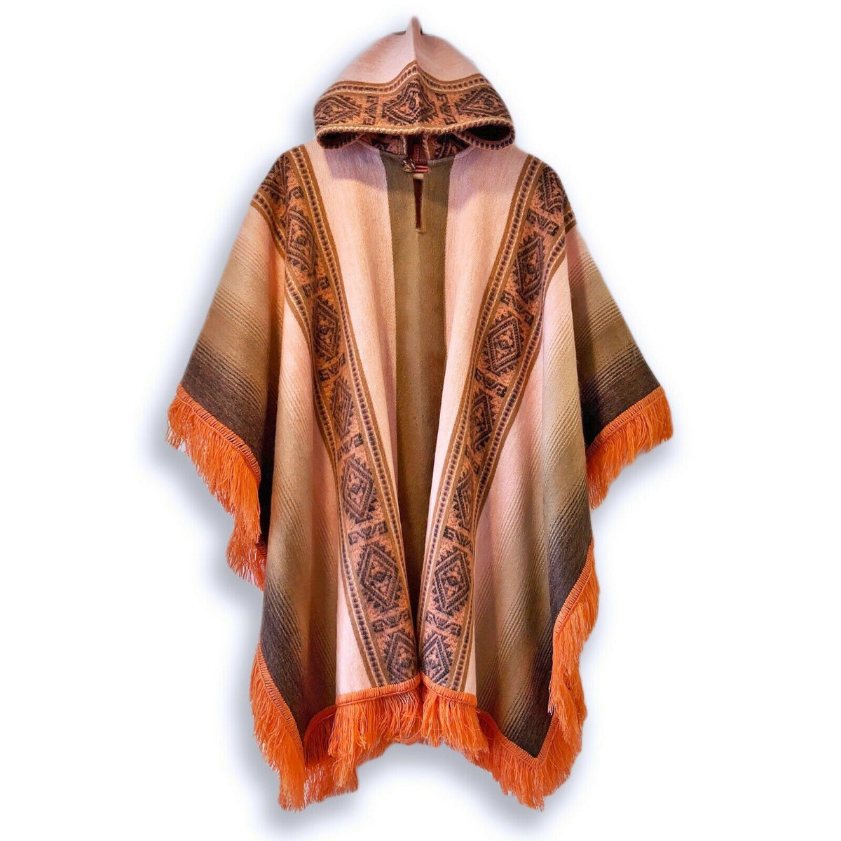 Lightweight Baby Alpaca Wool Fringed Hooded Poncho Pullover - Orange - Unisex by ECUALAMA