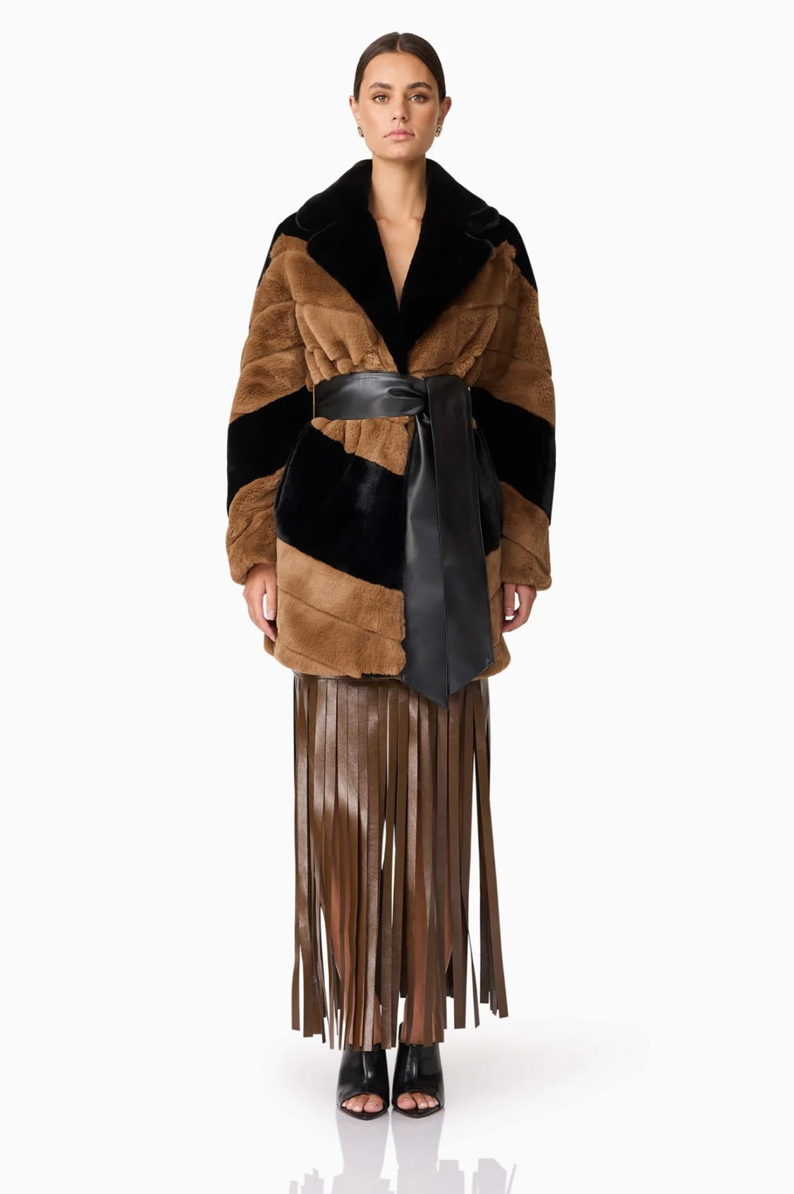 Elliatt Felicia Faux Fur Coat in Black & Brown by Sierra Deene