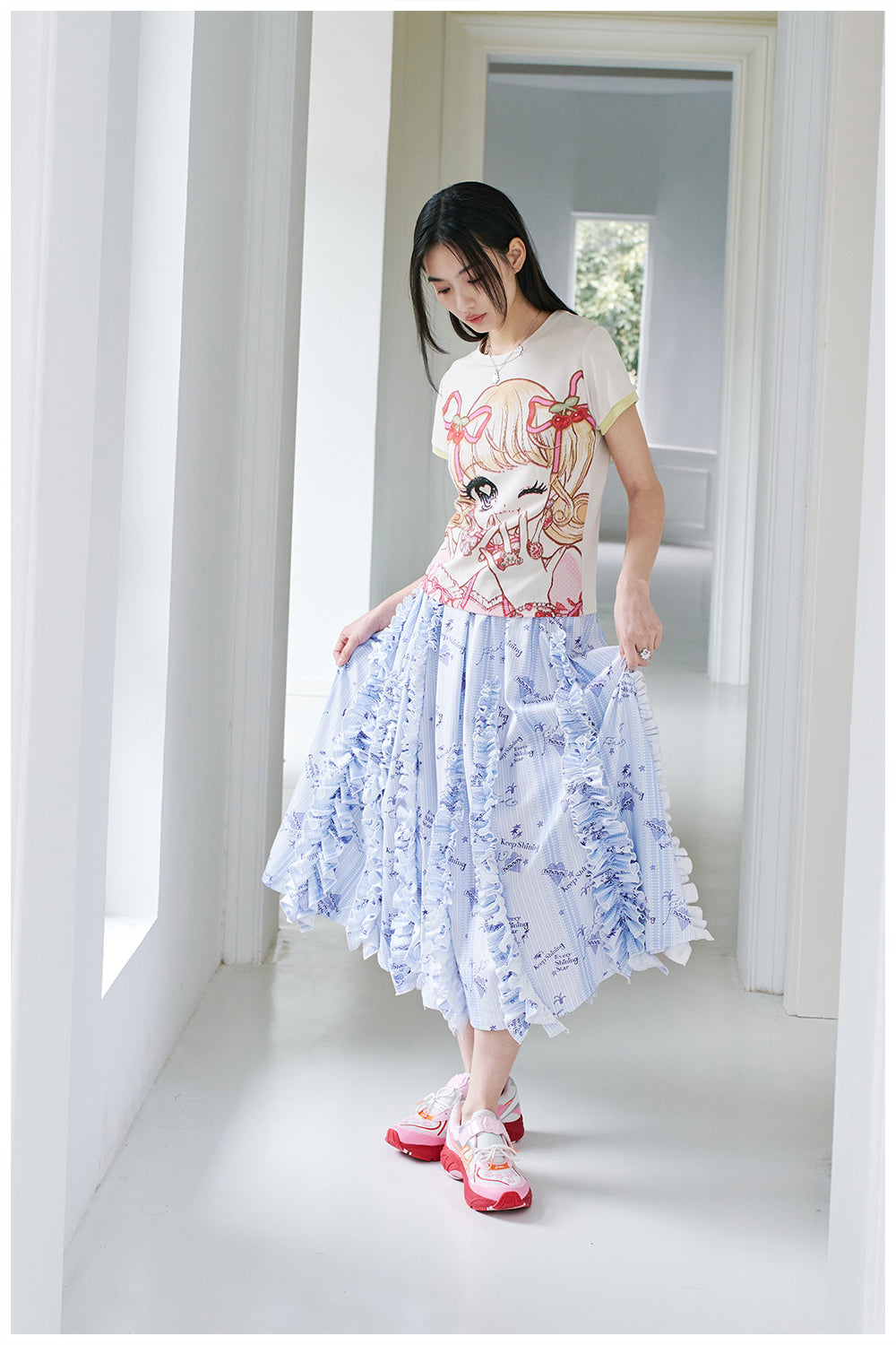 tntntutu Light Blue Skirt | A-Line Skirt | Pleated Border Summer Skirt by Land Decora
