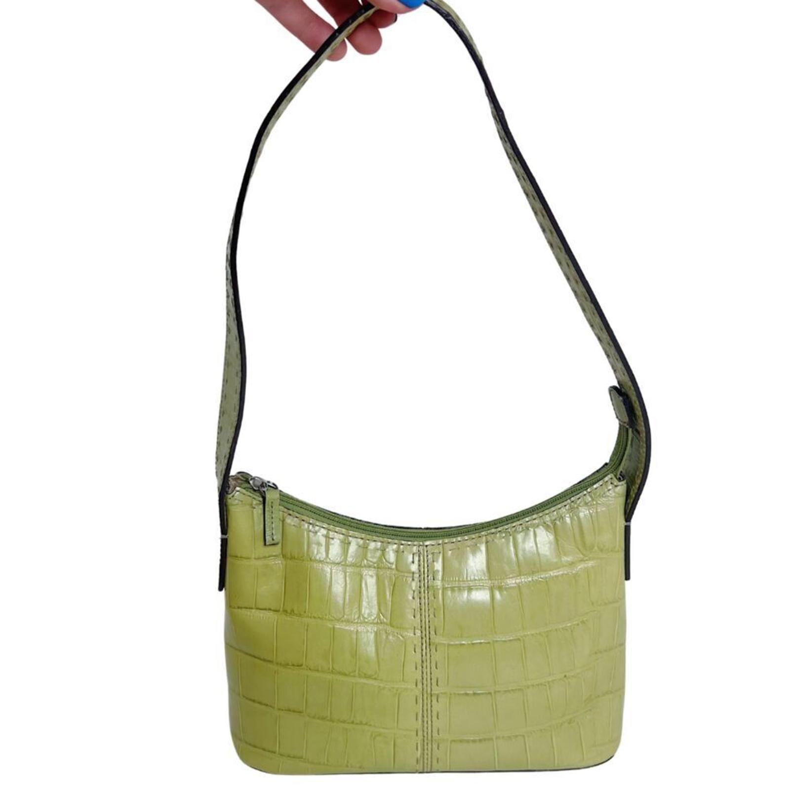 Fossil Green Leather Crocodile Embossed Shoulder Bag Purse Top Handle by Hot Girl Secondhand
