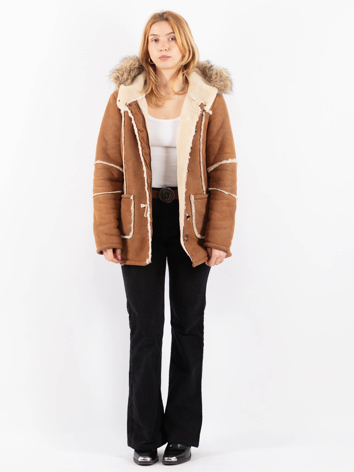 Vintage 00's Women Faux Sheepskin Coat in Beige by Northern Grip