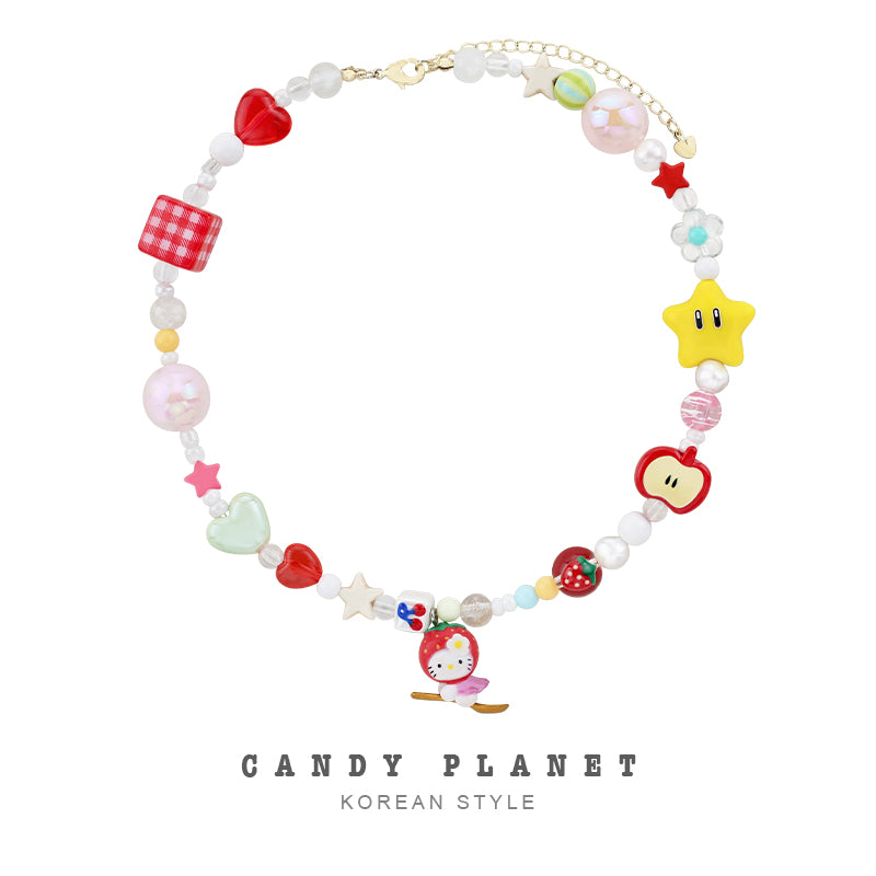 Strawberry Kitty Beaded Necklace - Decora Kei Kawaii Jewelry | candy planet by Land Decora