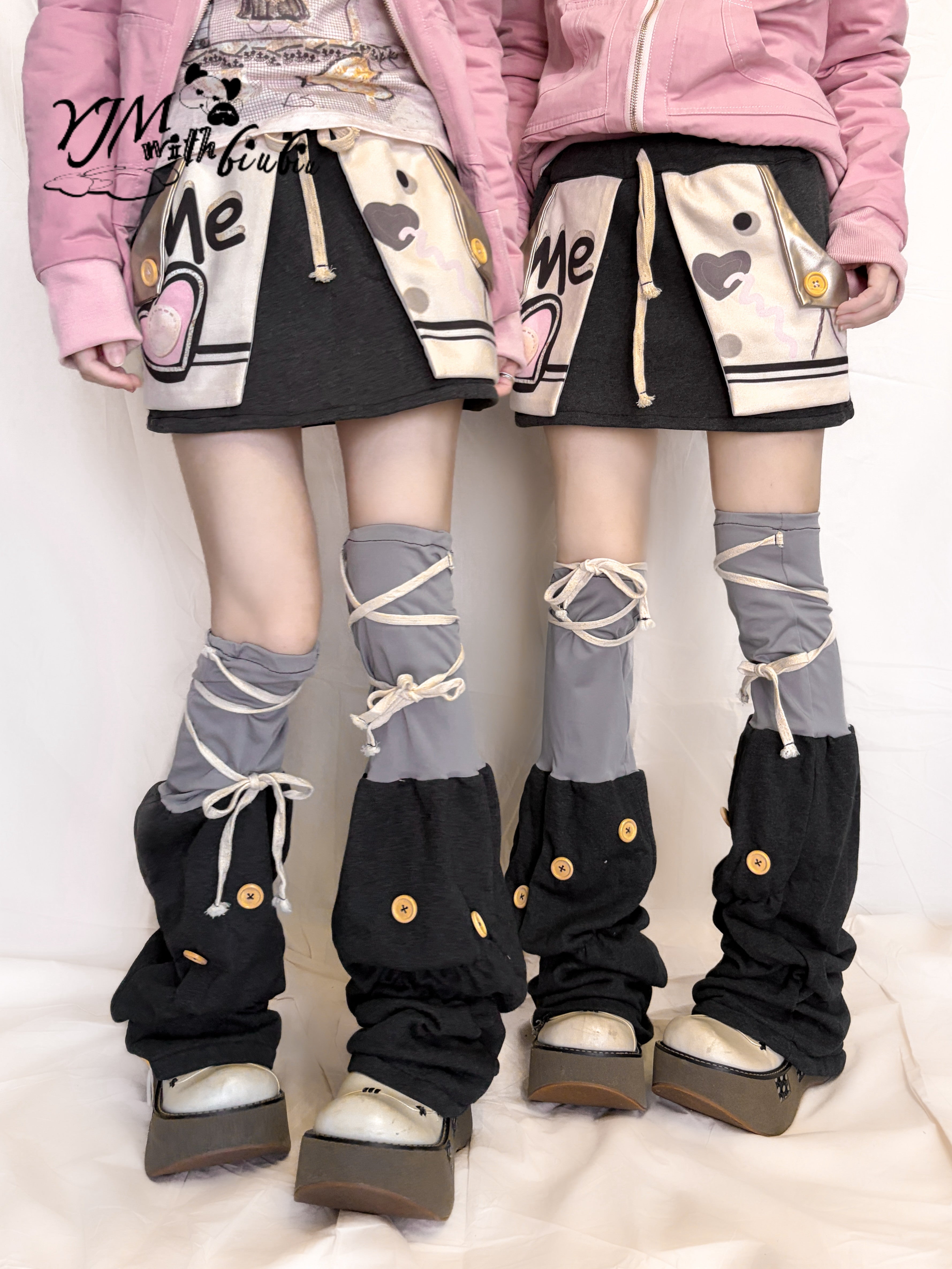 Gray Black Button Leg Warmers - YJM with biubiu by Land Decora