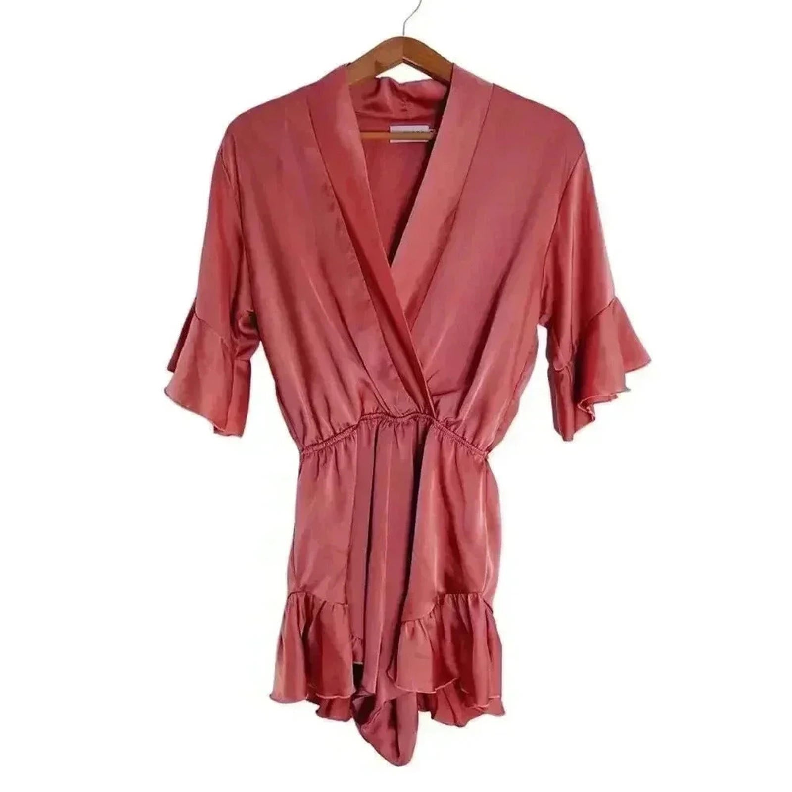 Lioness Rose Pink Satin Romper Plunging Neck Ruffled Hem Women's Size by Hot Girl Secondhand
