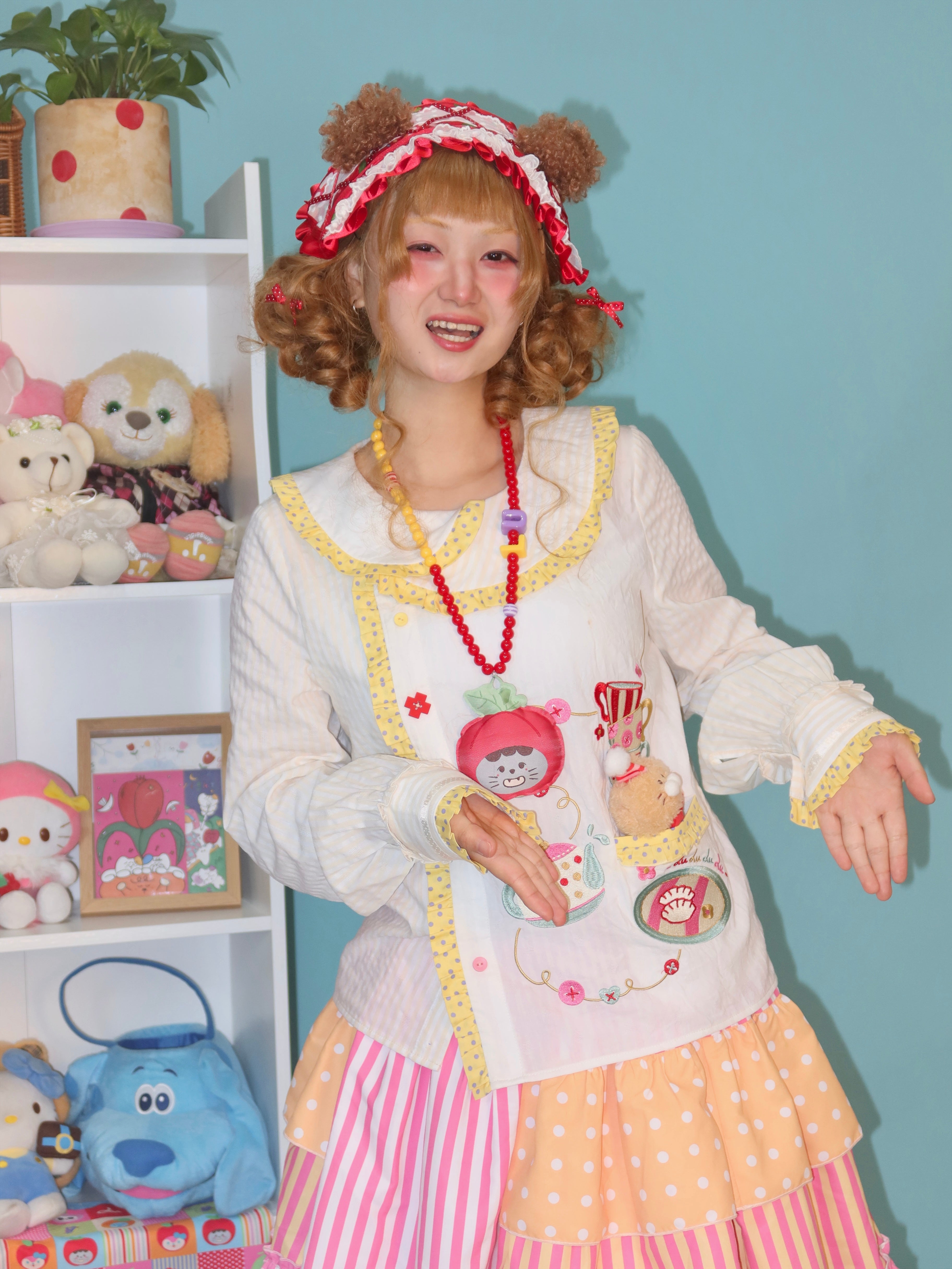 Kawaii Tea Set Embroidered Doll Collar Shirt - LULULULU Sweet Vintage Blouse by Land Decora