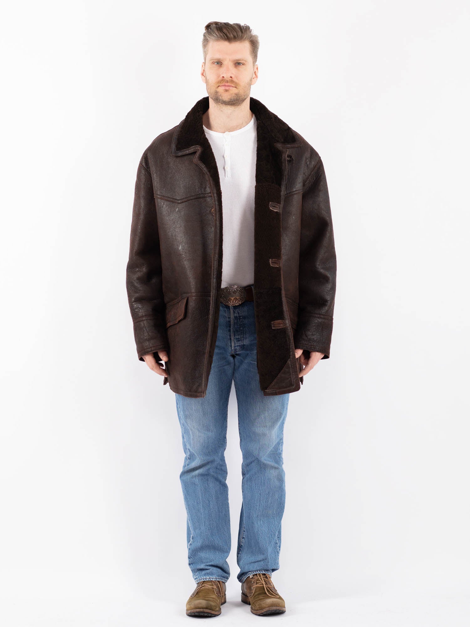 Vintage 90's Men Oversized Sheepskin Coat in Brown by Northern Grip