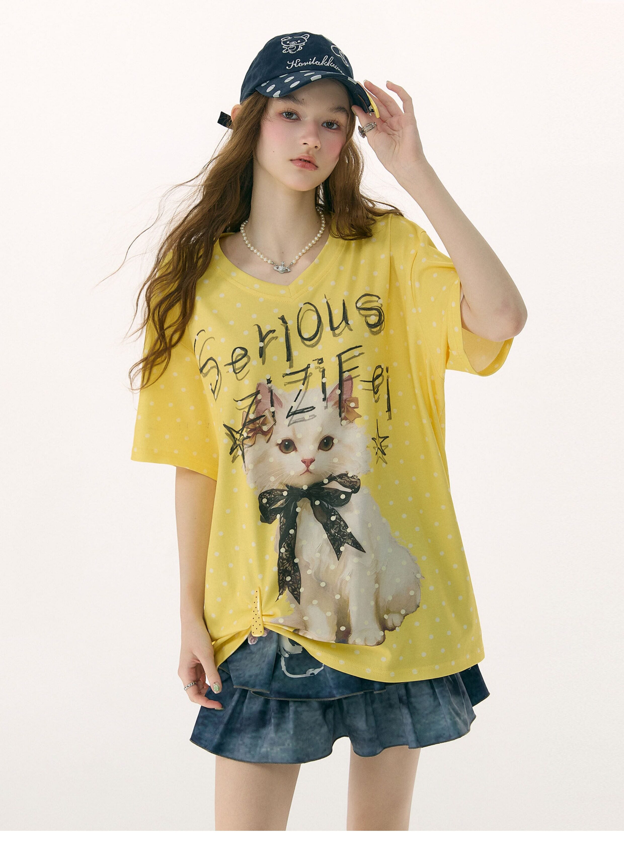 California Cat Print V-Neck Tee - ziziFei by Land Decora