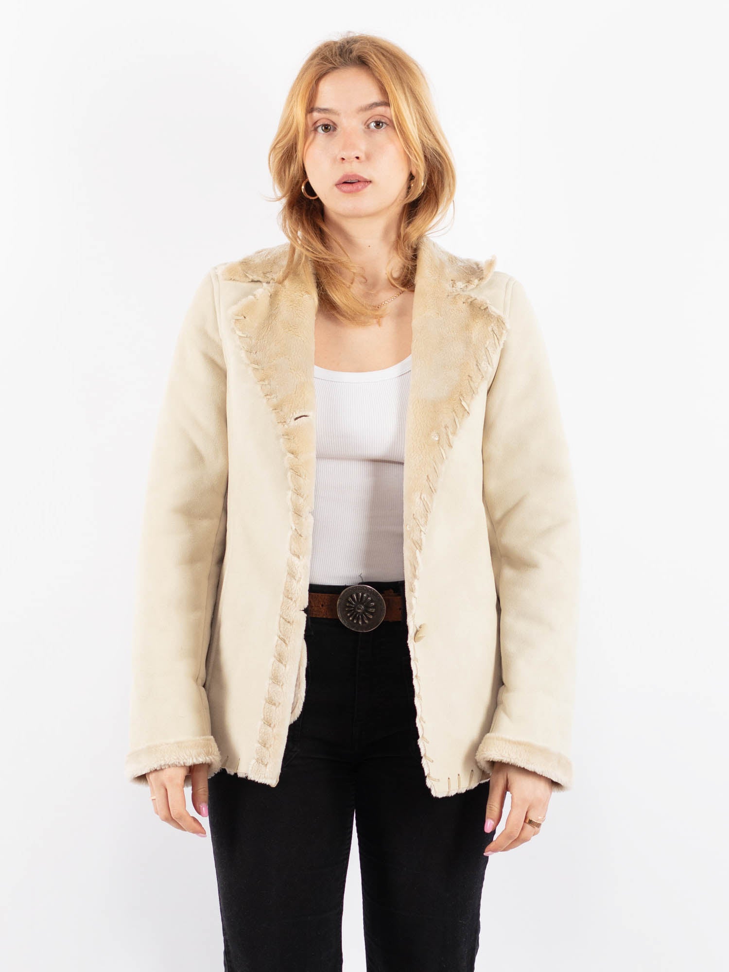Vintage 90's Women Faux Sheepskin Jacket in Beige by Northern Grip