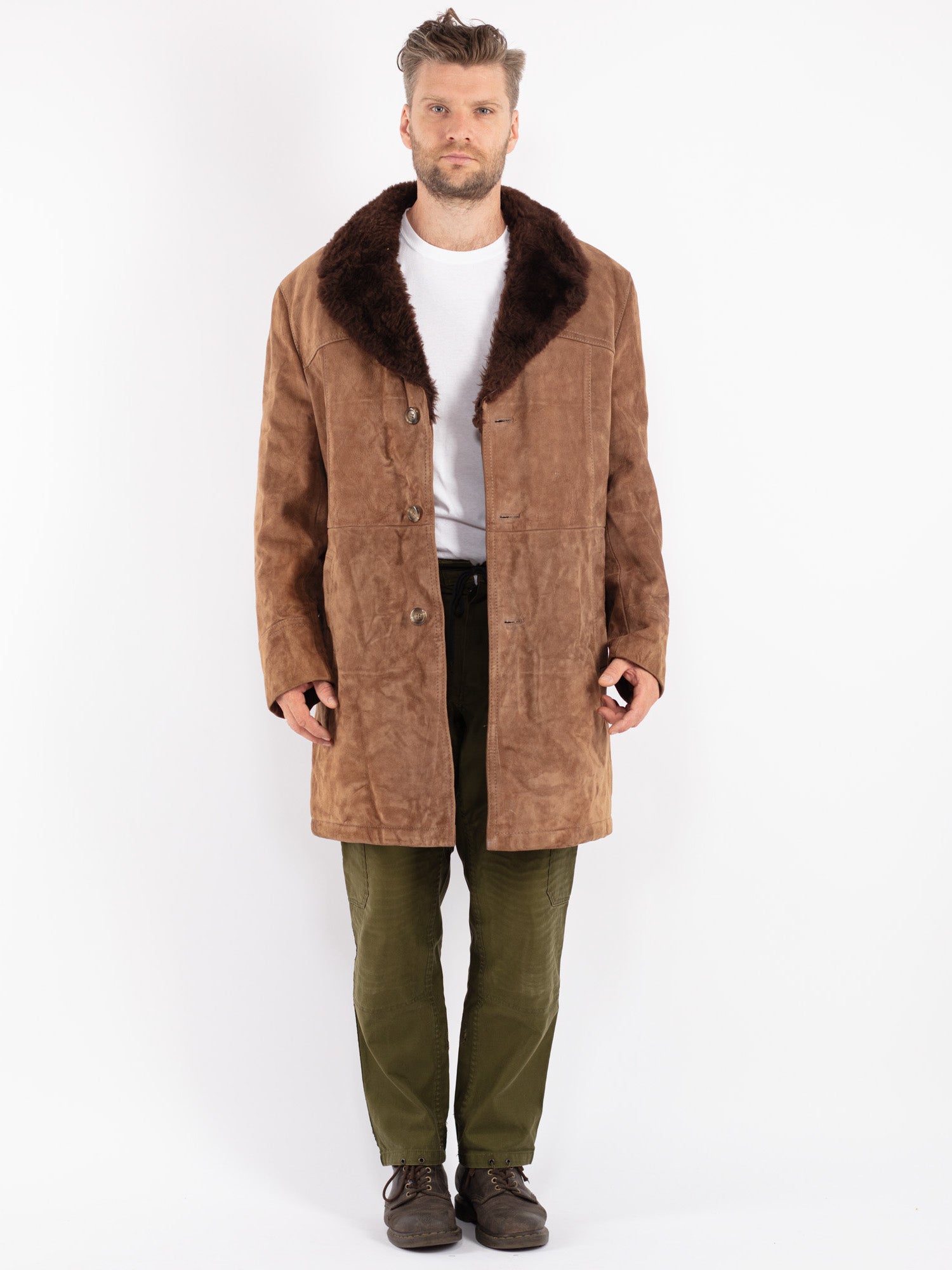 Vintage 70's Men Suede Sherpa Coat in Beige by Northern Grip
