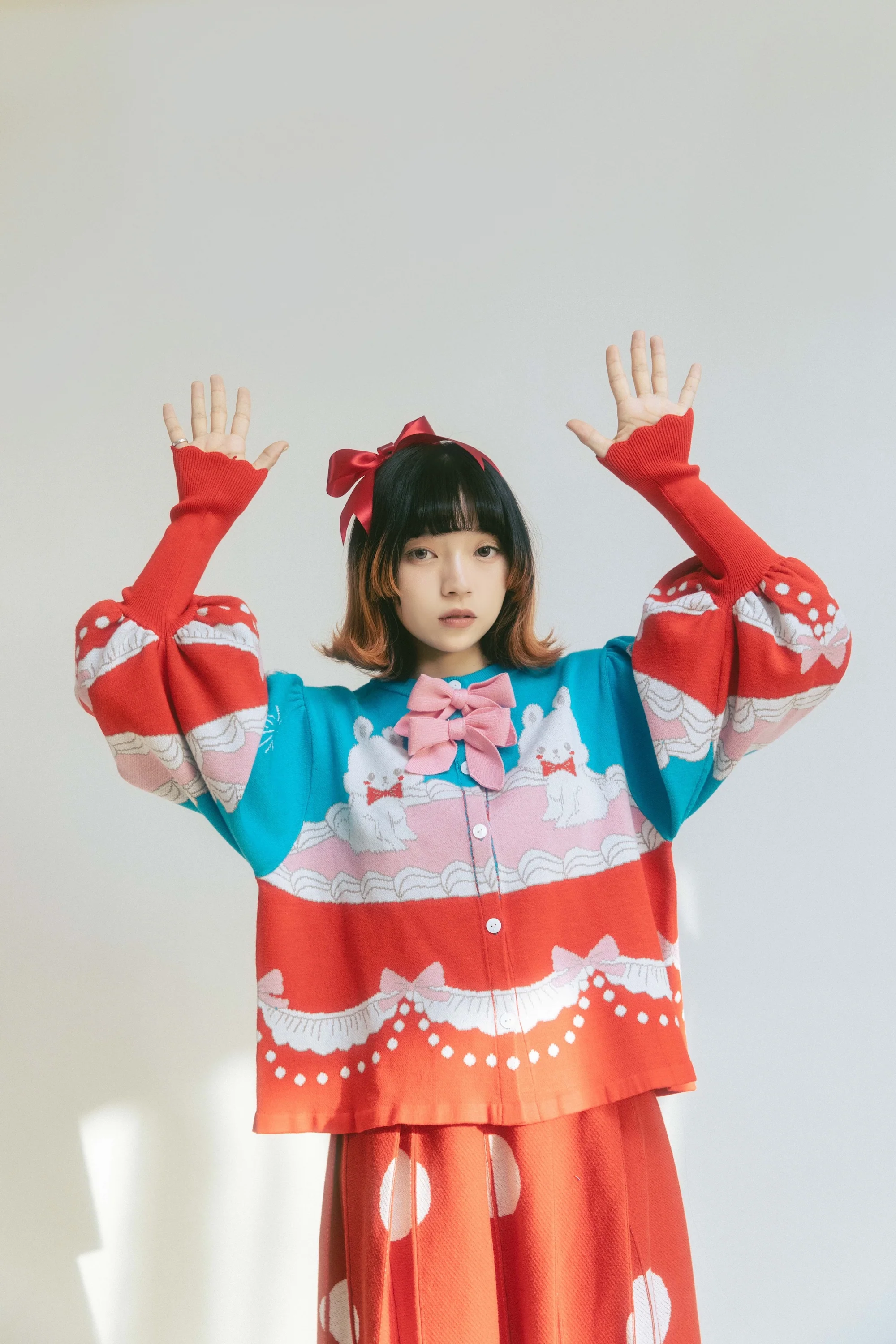 Meugler Bunny Cream Cake Lolita Sweet Bow Short Knitted Cardigan with by Land Decora