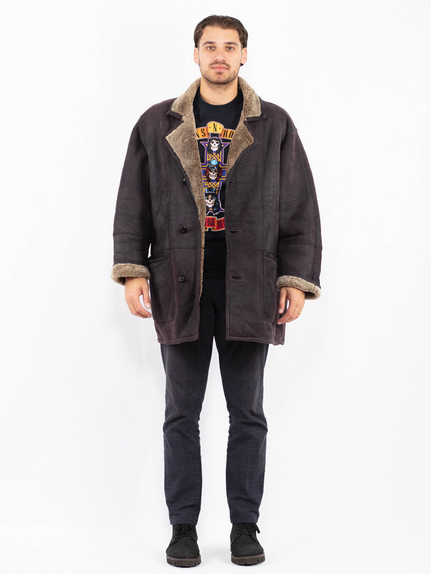 Vintage 90's Men Sheepskin Coat in Purple Brown by Northern Grip