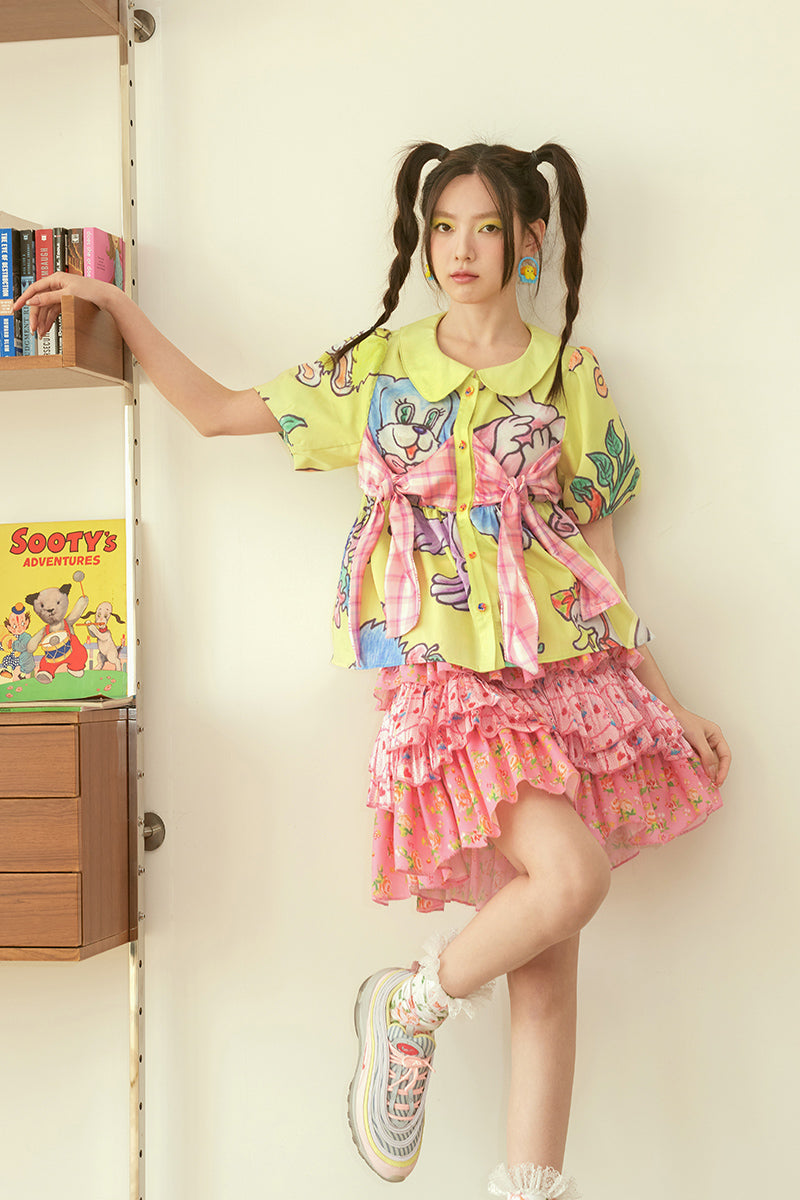 Harajuku Skirt Pink Tiered Floral Teddy Bear Embroidery Skirt | Tntntutu by Land Decora