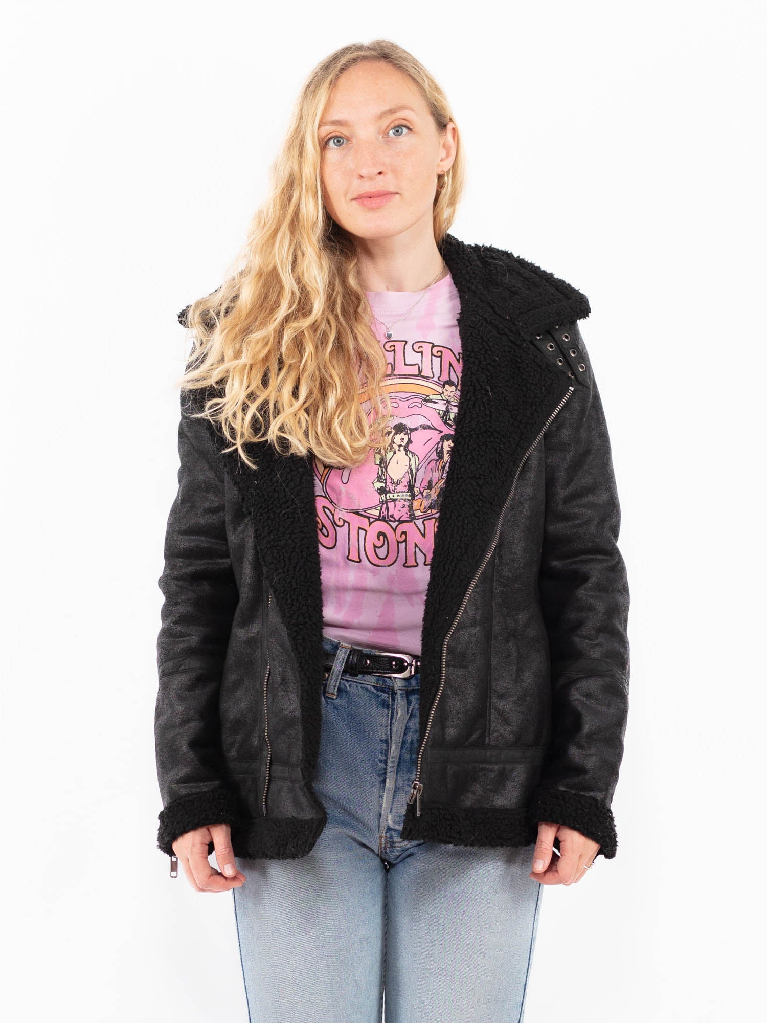 Vintage 00's Women Faux Sheepskin Jacket in Black by Northern Grip