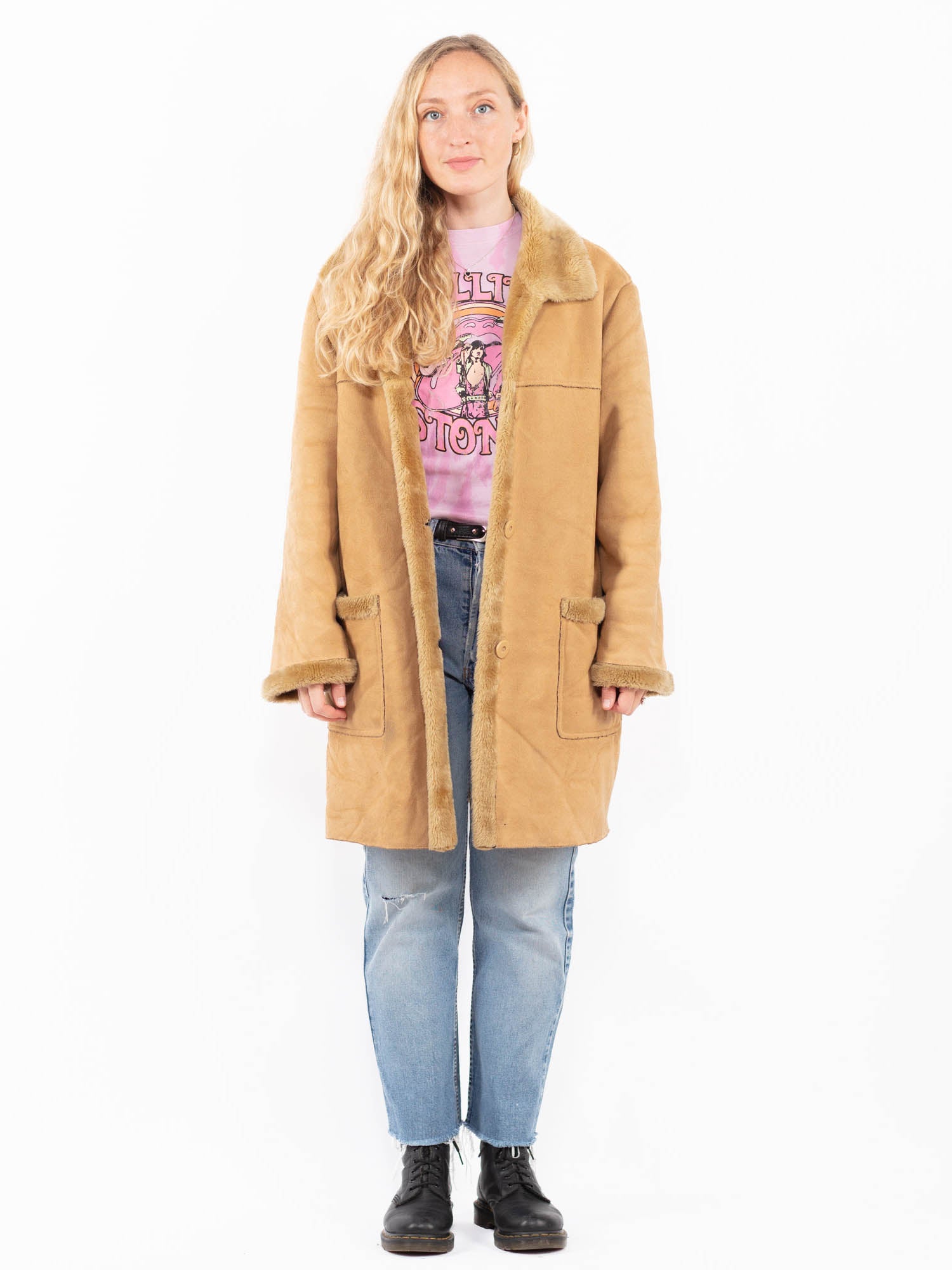Vintage 90's Women Faux Sheepskin Coat in Beige by Northern Grip