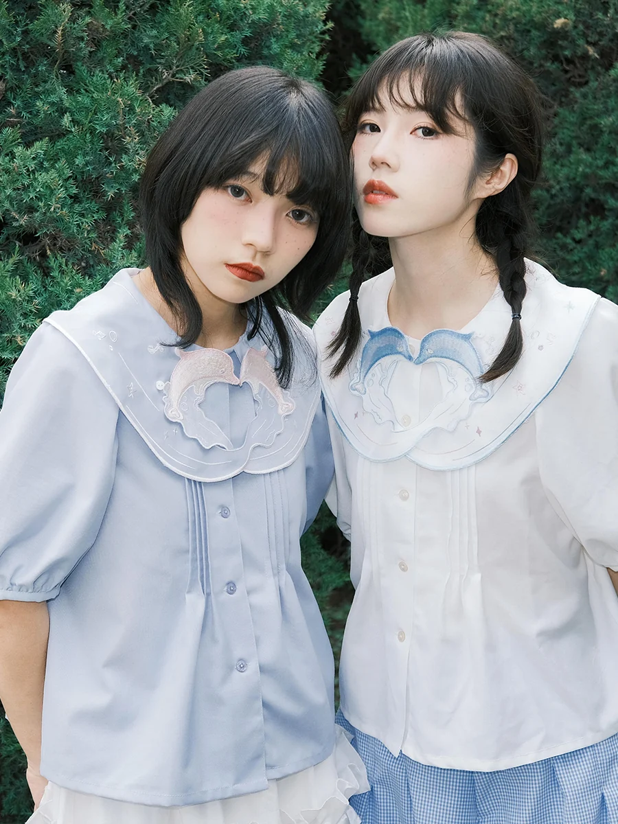 Harajuku Shirt Half-Sleeve Dolphin Embroidery Hollow-Out Wave Collar Shirt Meugler by Land Decora