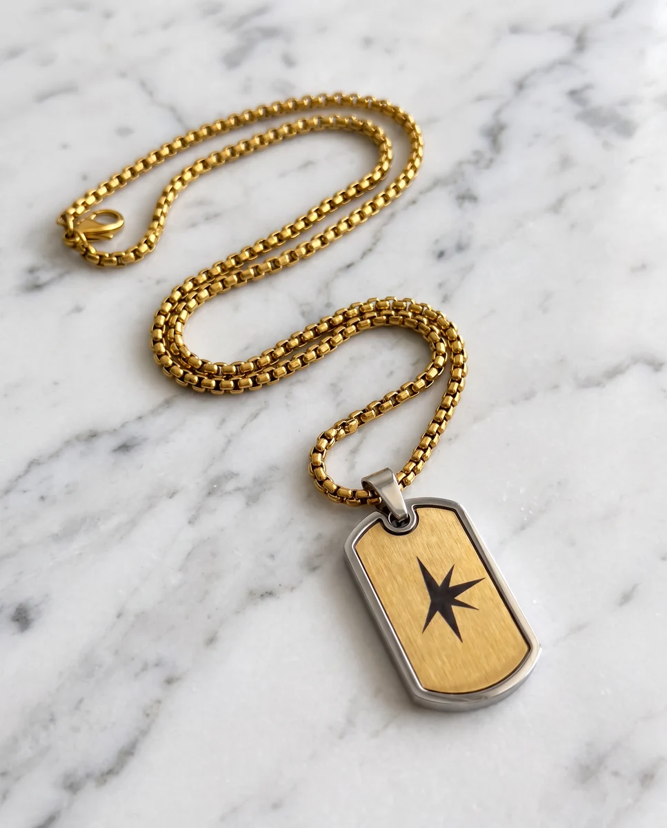 “TRUE NORTH” CUSTOM ENGRAVED PENDANT NECKLACE (18K GOLD PLATED & WATER by RAËLIV