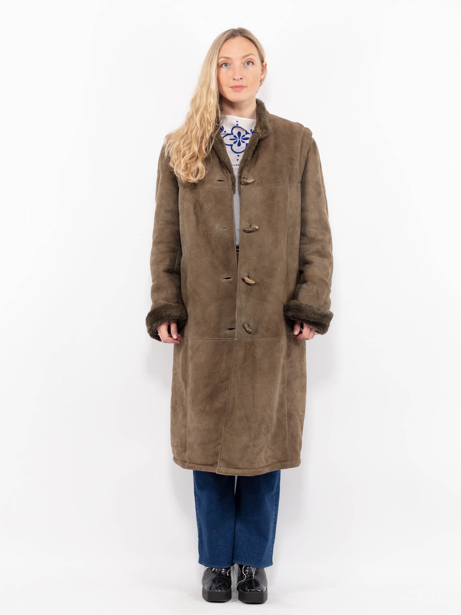 Vintage 70's Women Sheepskin Coat in Green by Northern Grip