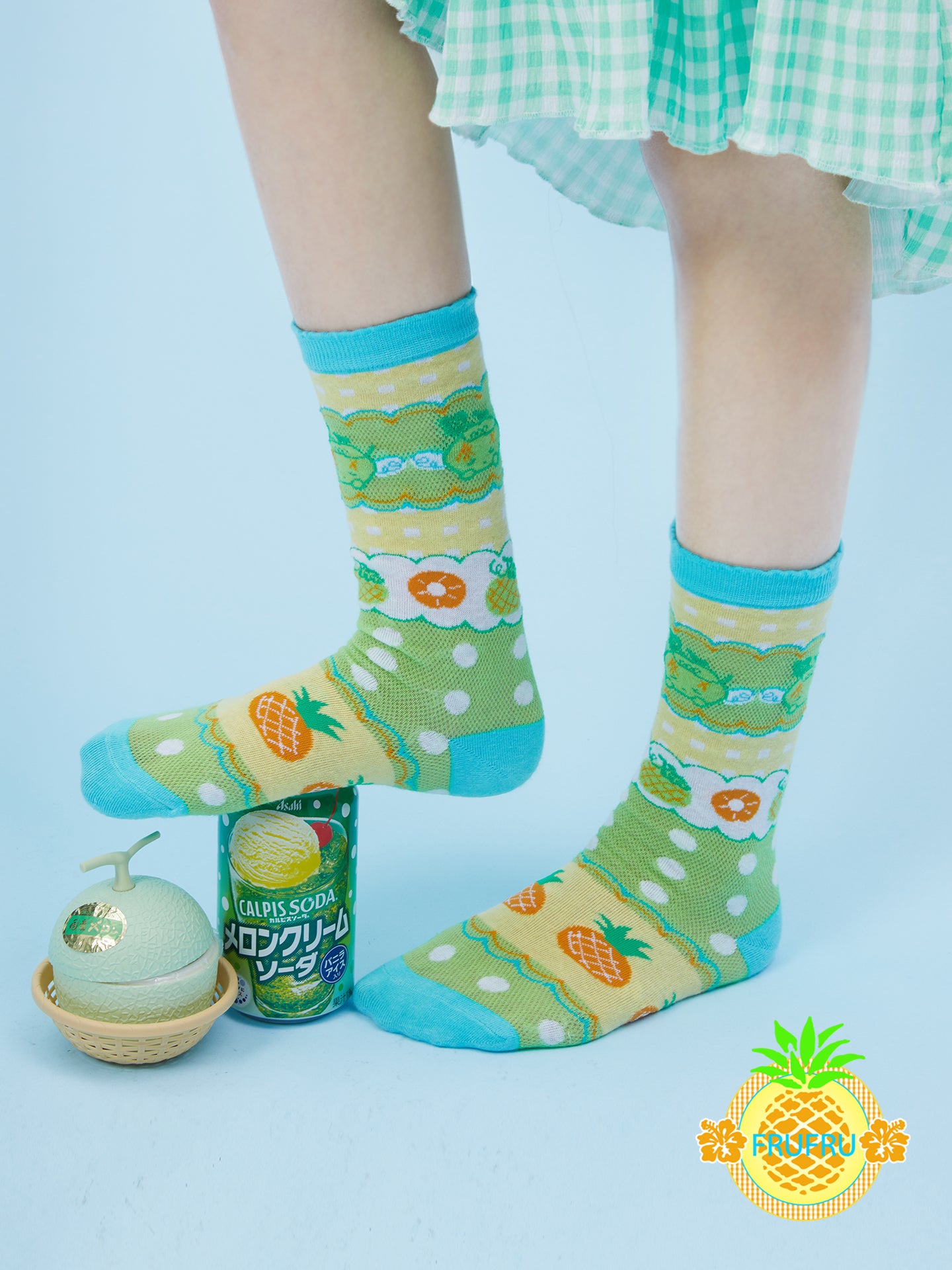 Frufru Cute Hami Melon Illustration Cotton Socks | Kawaii Fruit Print by Land Decora