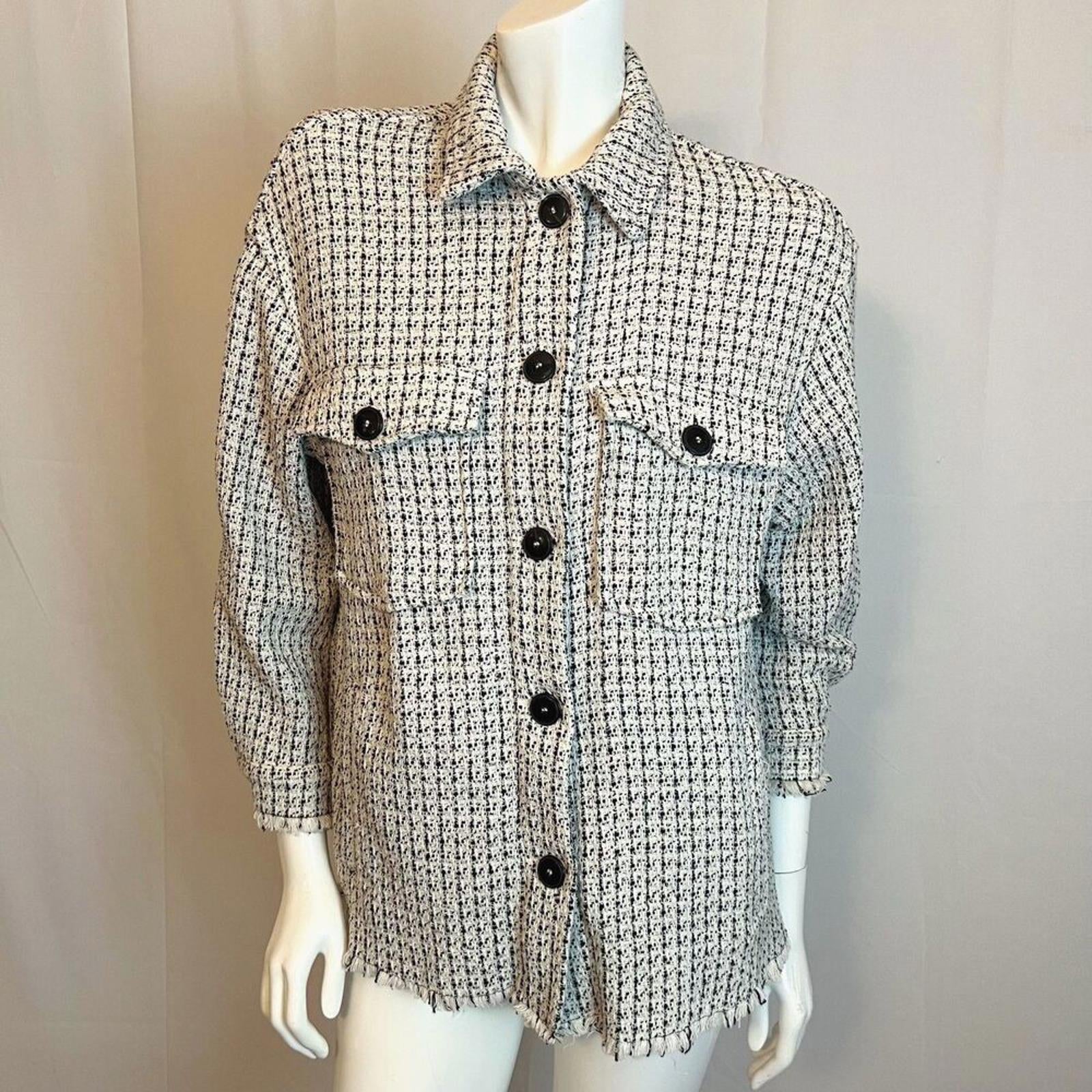 Zara Black White Tweed Overshirt Button Up Jacket Chanel Inspired Size by Hot Girl Secondhand