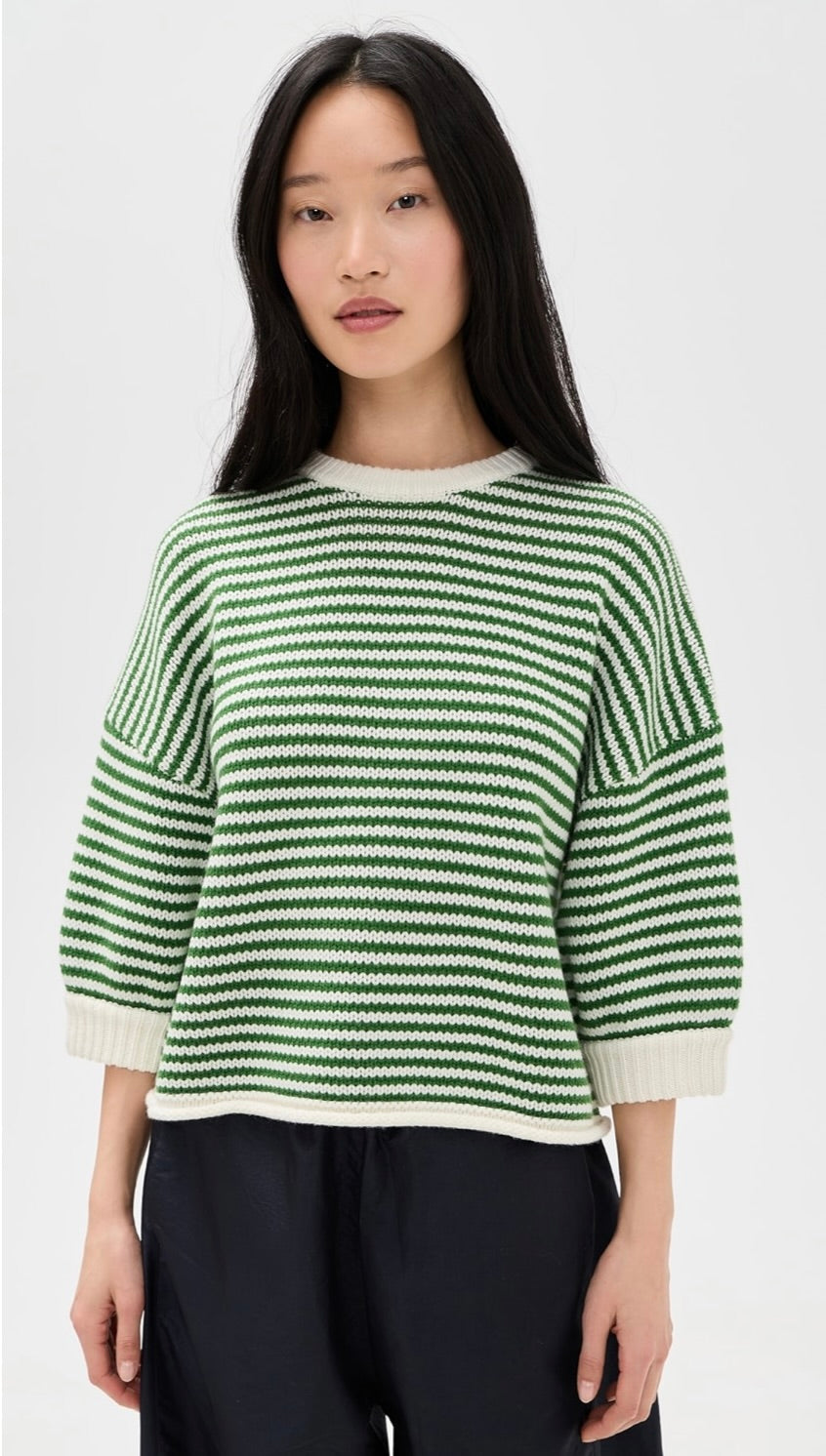 Secular Wool Knit Sweater in Green Ivory Stripe by Sierra Deene