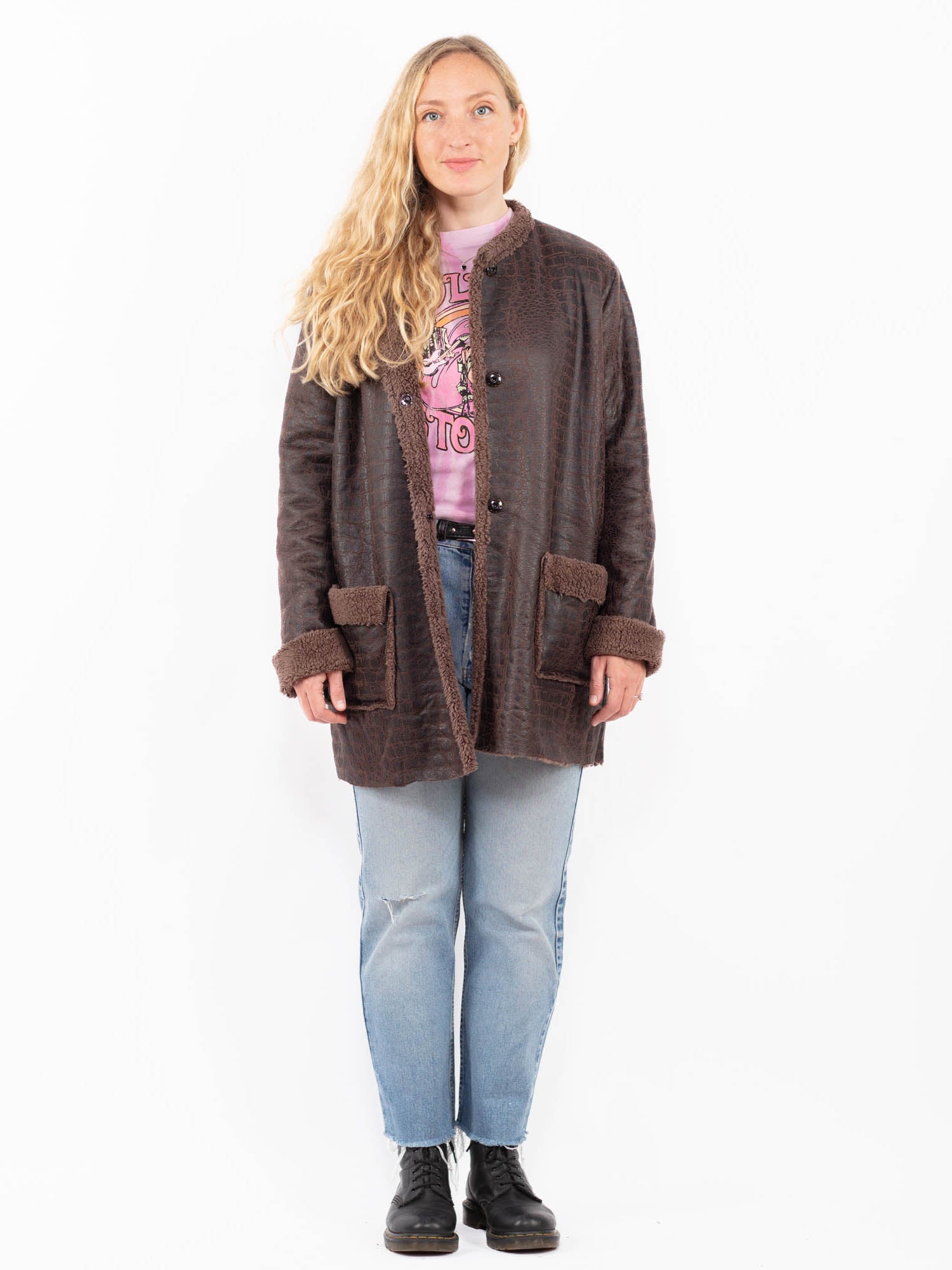 Vintage 90's Women Faux Sheepskin Coat in Brown by Northern Grip