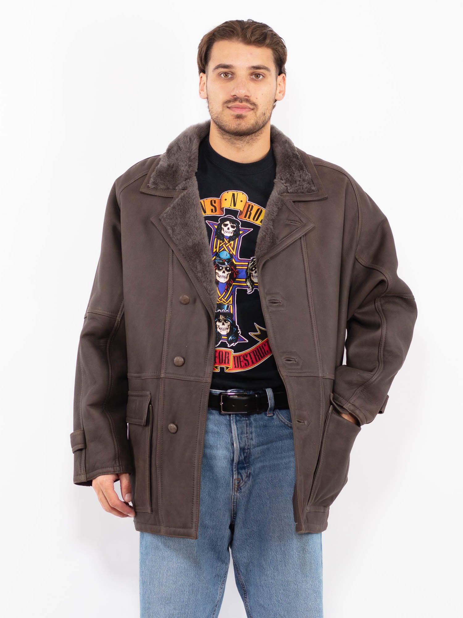 Vintage 80's Men Sheepskin Coat in Gray Brown by Northern Grip