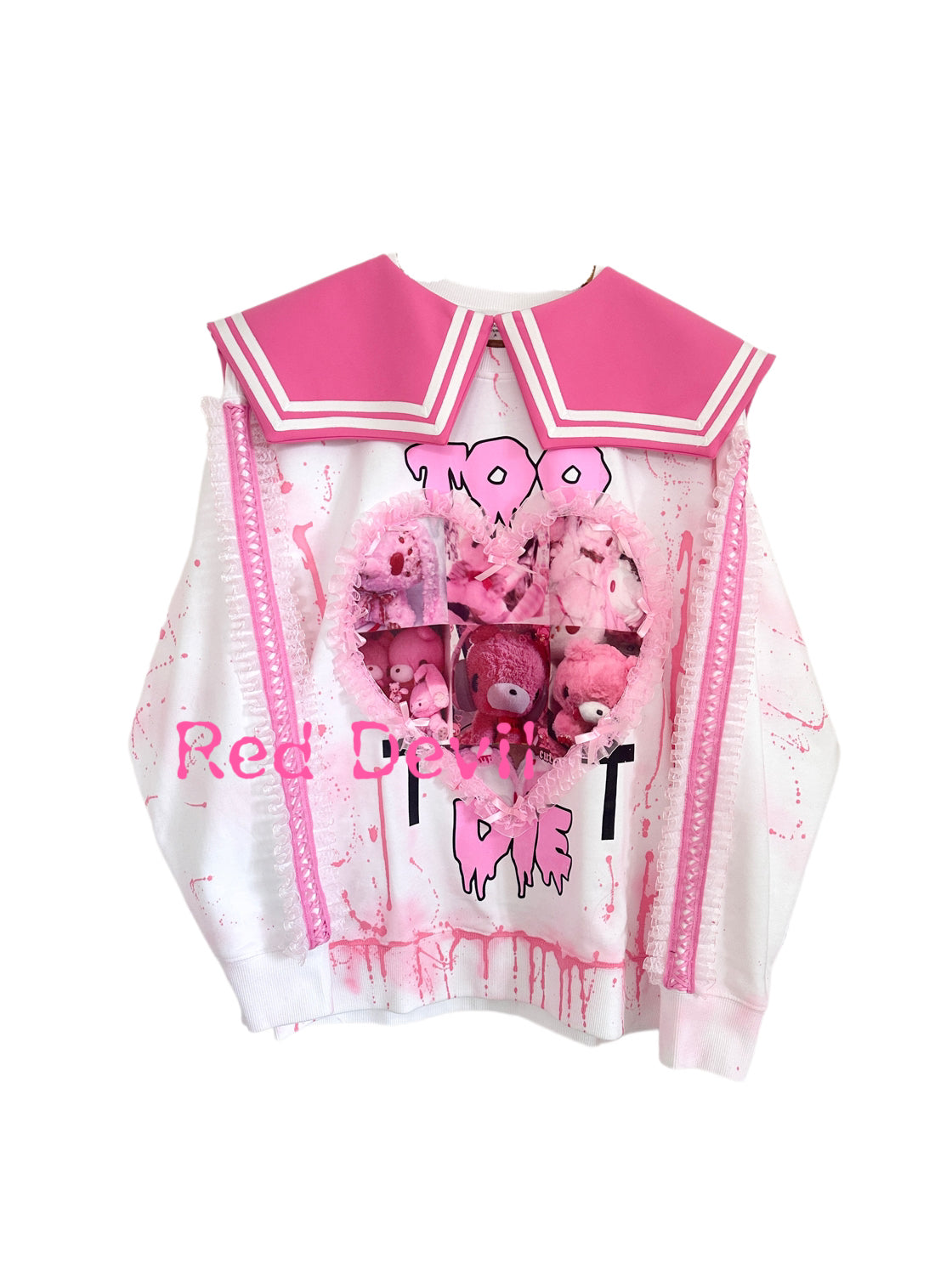 Red Devil Hoodie Plush Size Hoodie Pink Cute Navy Collar Heart Lace Ho by Land Decora