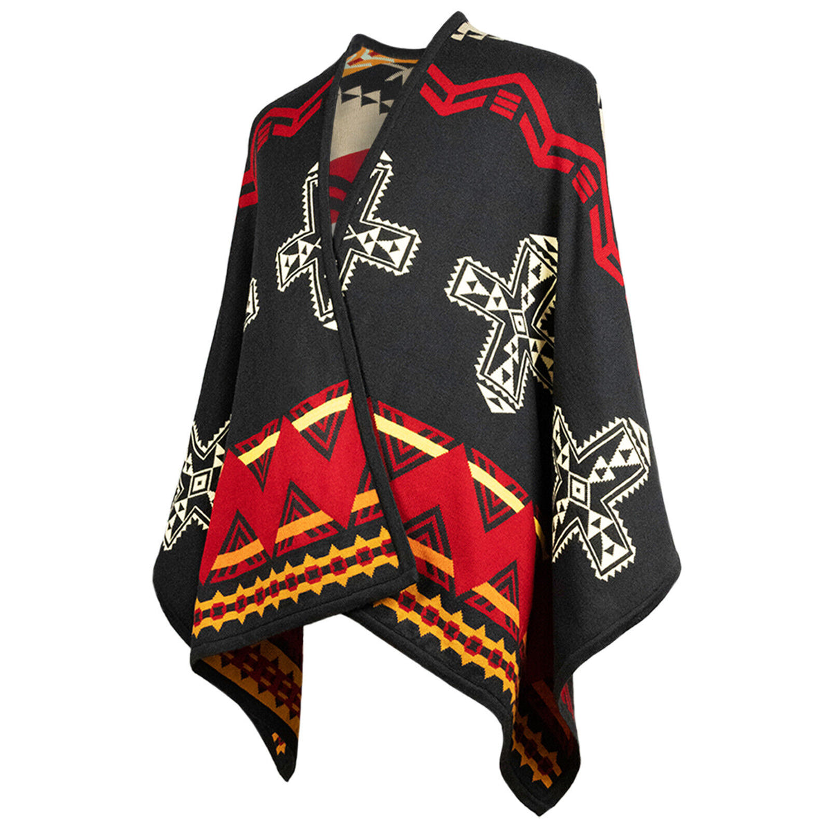 Harmony of Contrasts Reversible Alpaca-Cotton Poncho Aztec Geometric Accents by ECUALAMA