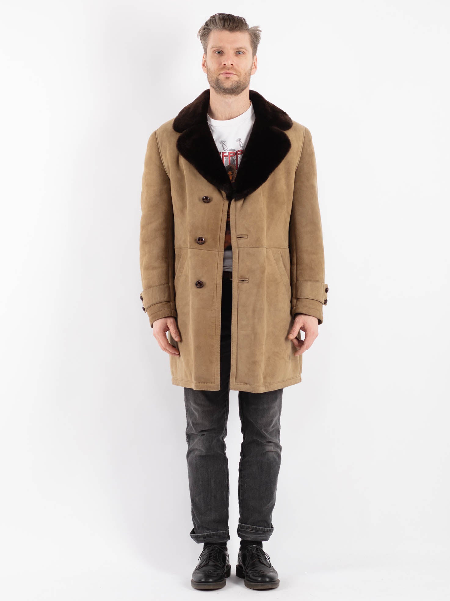 Vintage 70's Men Sheepskin Coat in Beige by Northern Grip
